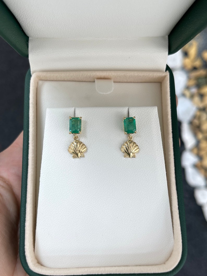 14K Gold Emerald & Gold Ocean Sea Shell Dangle Stud Earrings - 1.90tcw Elegant Jewelry for Women, Beach Wedding, Party & Gift Giving