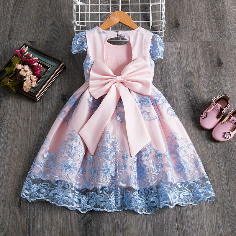 Blue Princess Boat Neck Tea-Length Satin Flower Girl Dress for Weddings, Birthday Parties & Special Occasions