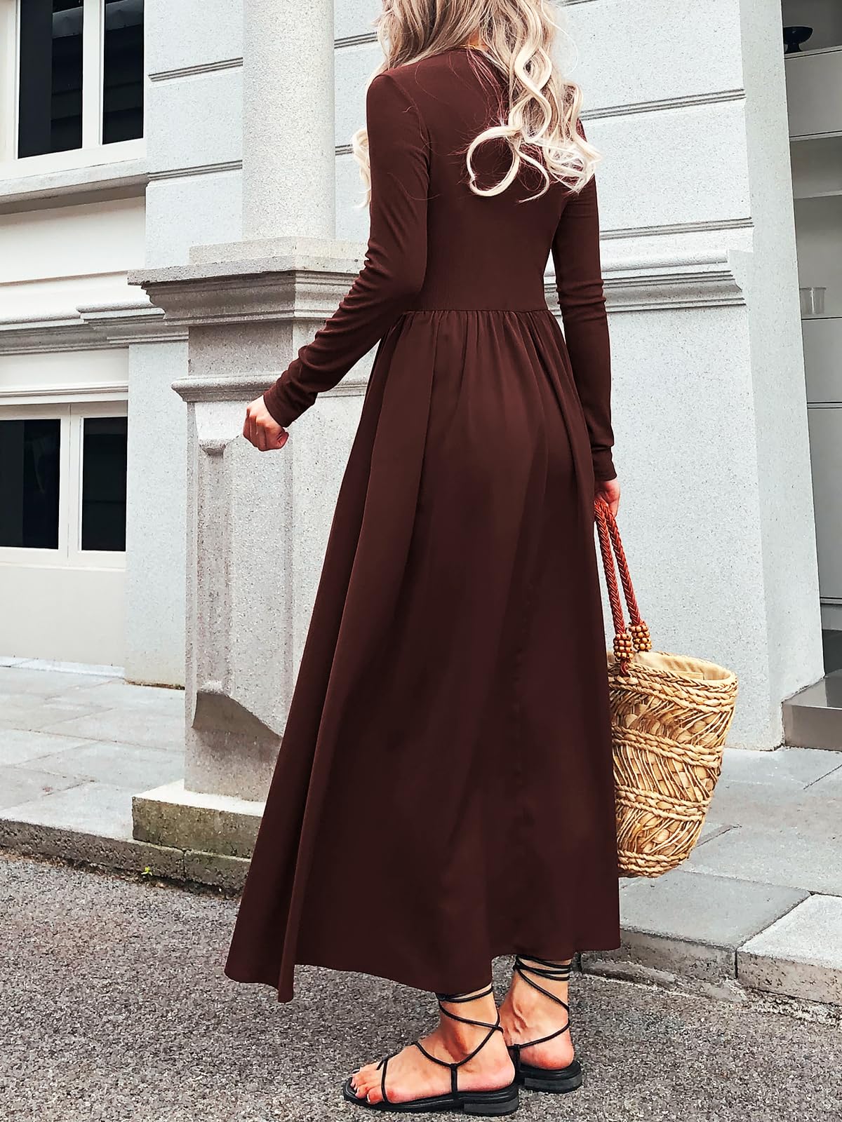 Women's Long Sleeve Maxi Dress 2024 | Fall Crewneck Knit Casual Solid Wedding Guest Dress | Flowy Elegant Long Dress with Pockets | Perfect for Weddings, Parties & Autumn Outfits