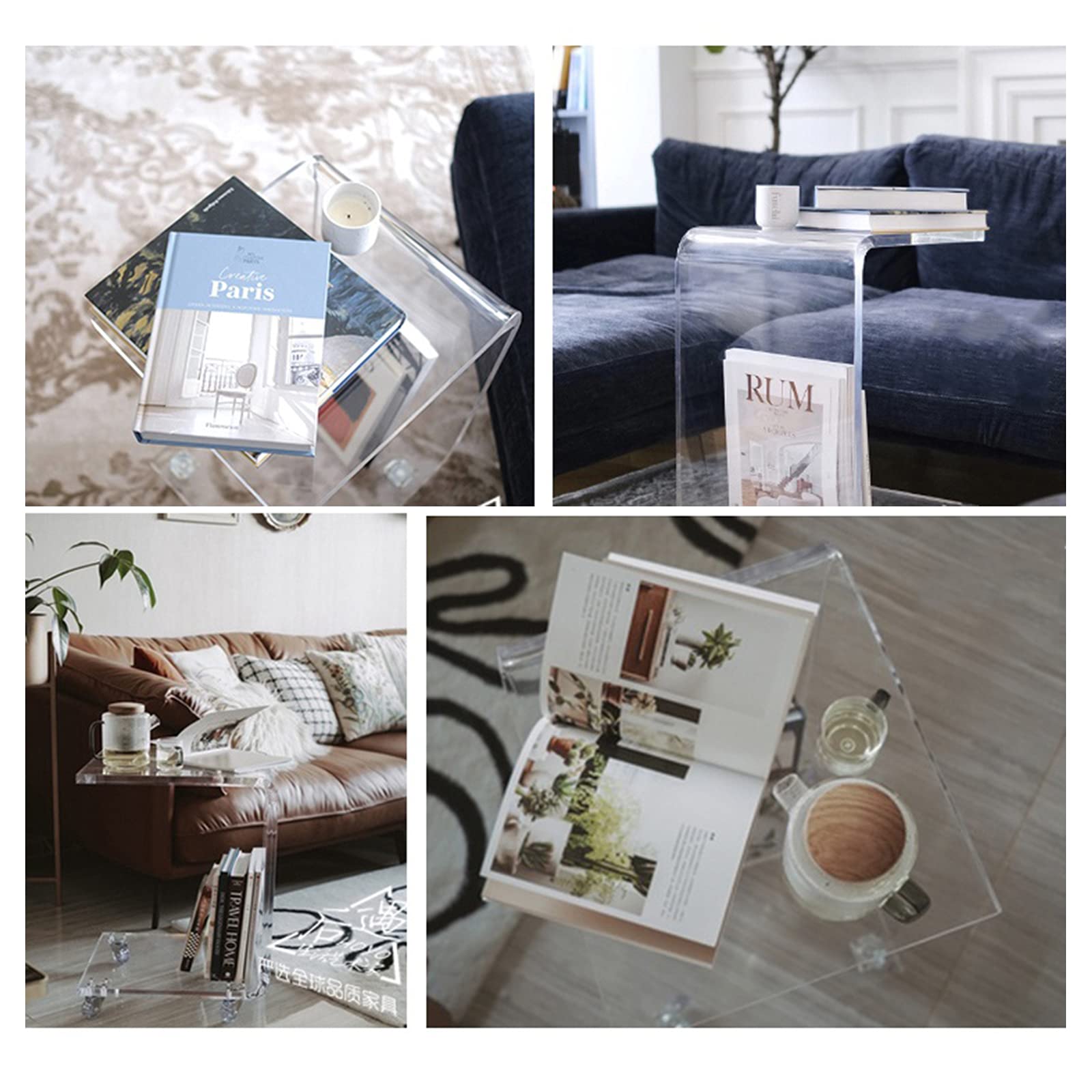 Clear Acrylic C-Shaped Rolling Side Table with Wheels - Portable End Table for Snacks, Coffee, Notebook & Tablet - Perfect for Bed, Sofa & Living Room Use