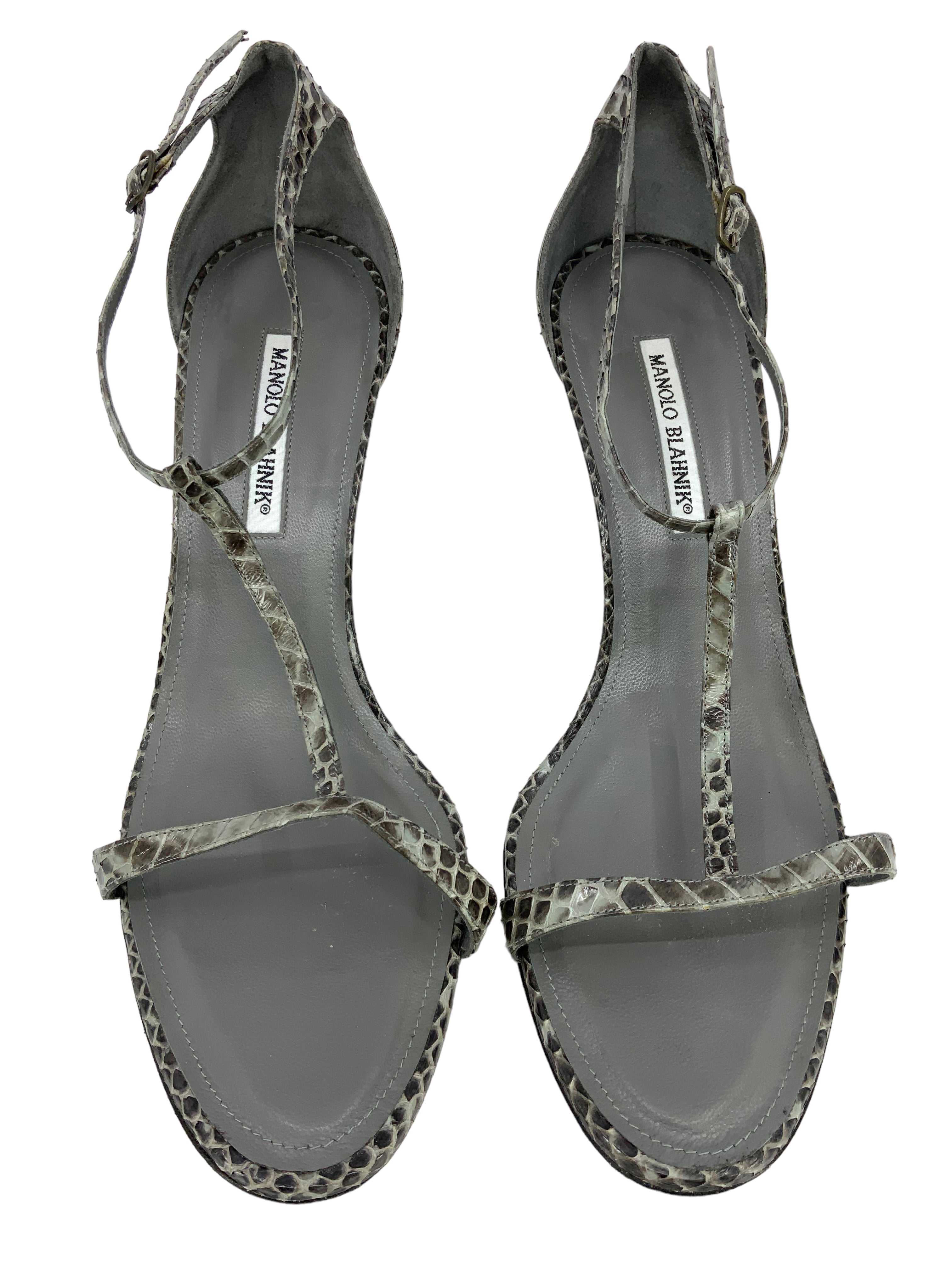 Manolo Blahnik Women's Size 12 Snakeskin T-Strap Heel Sandals - Luxury Designer Shoes for Evening Parties & Weddings
