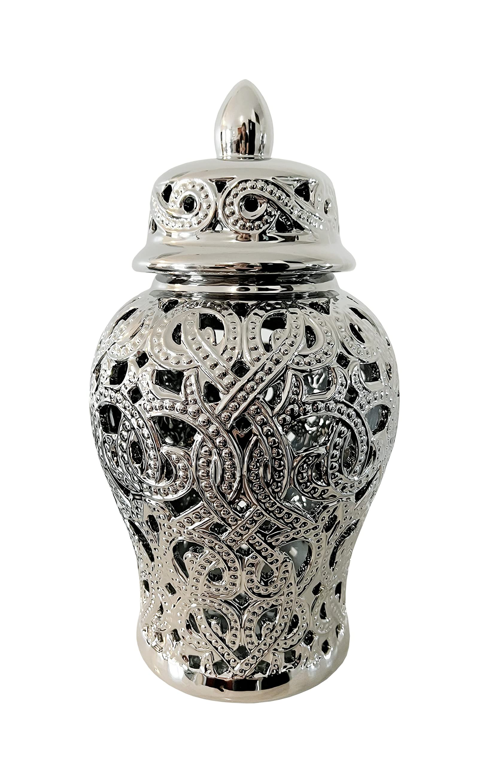 Noori Home - 100% Modern Glam Artisan Ceramic PARKER Small Silver Ginger Jar Urns with Lid 7x7x14 | Elegant Home Decor for Living Room, Bedroom & Office | Perfect for Storage, Floral Arrangements & Gift Giving