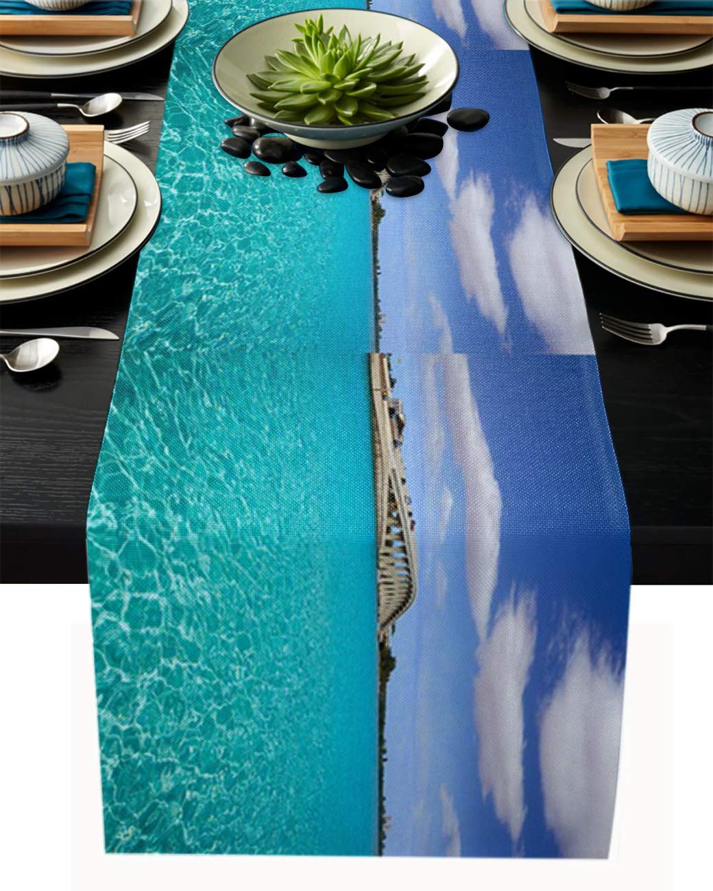 108 Inch Long Burlap Table Runner for Dining & Coffee Tables - Sanibel Island Bridge & Sea Design - Rectangle Table Cloth Decor for Birthday, Wedding, Holiday Party (13''x108'') - Perfect for Farmhouse, Coastal & Rustic Home Decor