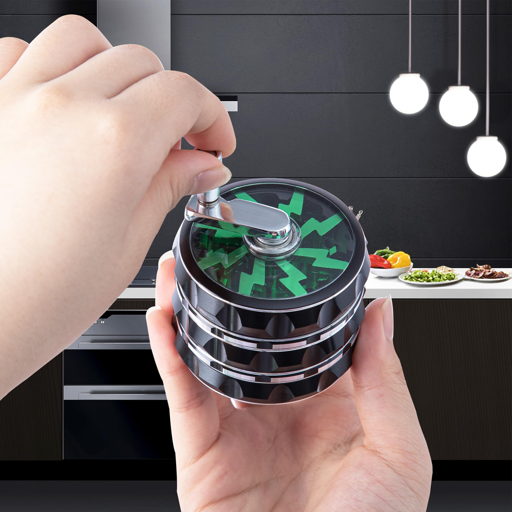 2.5 Inch Hand Crank Aluminum Herb Grinder with Clear Top - Large Black Spice Crusher for Kitchen, Cooking & Baking - Perfect for Grinding Herbs, Spices & Tobacco