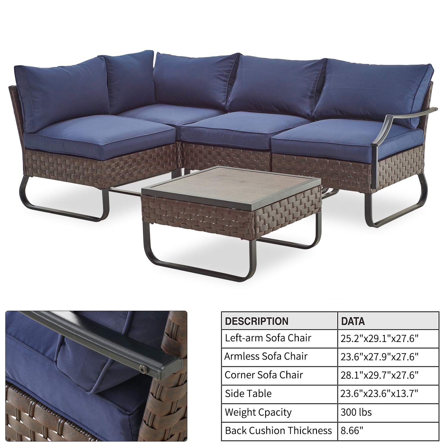 PatioFestival 5-Piece Modular Outdoor Wicker Furniture Set with 8.66