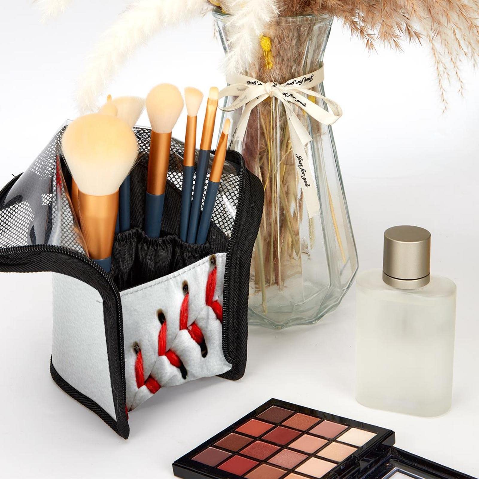 12-Piece Makeup Brush Organizer Bag - Portable Cosmetic Brush Holder Case with White & Red Baseball Design | Perfect for Travel, Gym & On-the-Go Makeup Touchups