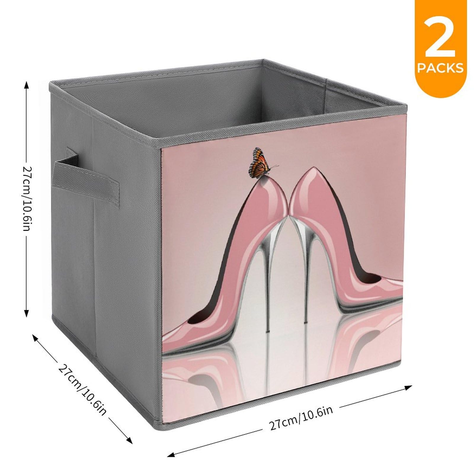 Elegant Pink Cube Storage Bin with Butterfly High Heel Design - Foldable Fabric Baskets with Handles for Closet, Pantry, Shelf & Toy Organization - Perfect for Bedroom, Nursery & Playroom Storage Solutions