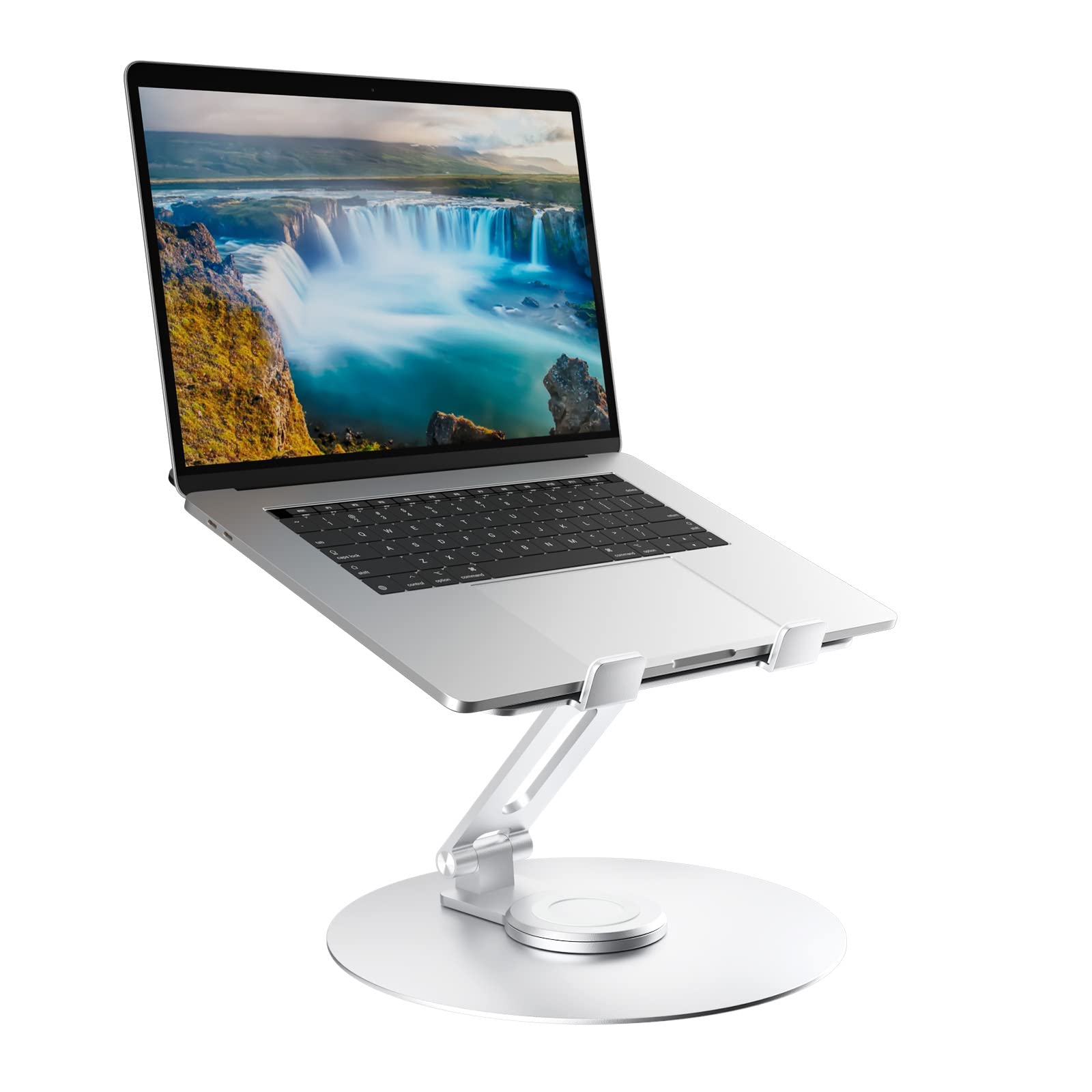 Swivel Laptop Stand for Desk - Adjustable Height Aluminum Computer Stand with 360° Rotating Base, Foldable Ergonomic Riser, Portable Laptop Holder for MacBook & All 10-17'' Laptops, Chrome - Perfect for Home Office, Gaming & Workstations