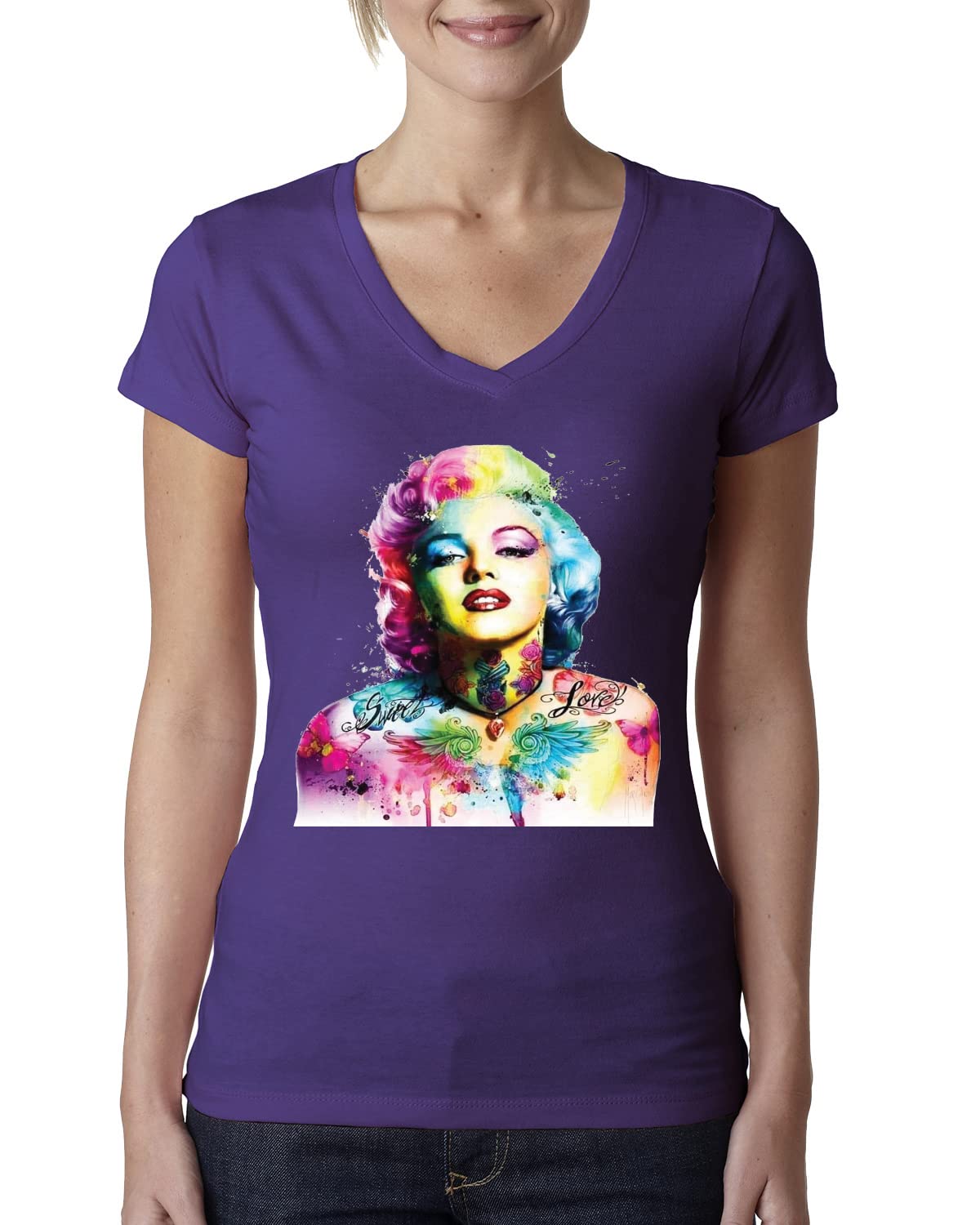 Vibrant Marilyn Multicolor Pop Art V-Neck T-Shirt for Women - Junior Fit Fashion Tee - Perfect for Casual Wear, Concerts & Pop Culture Events