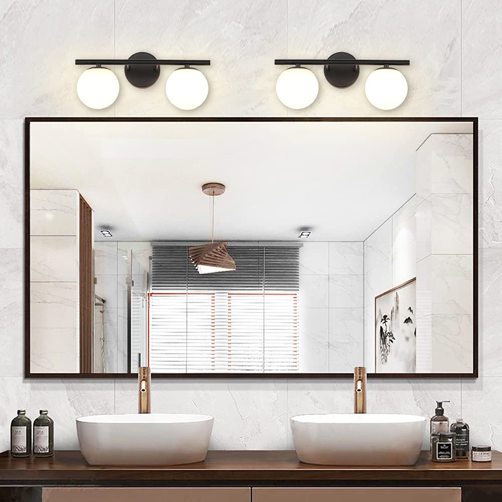 Modern Brushed Black Bathroom Vanity Light Fixtures with Milk White Globe Glass Shade - Wall Sconce for Mirror Lighting, Perfect for Contemporary Home Decor and Spa-Like Ambience