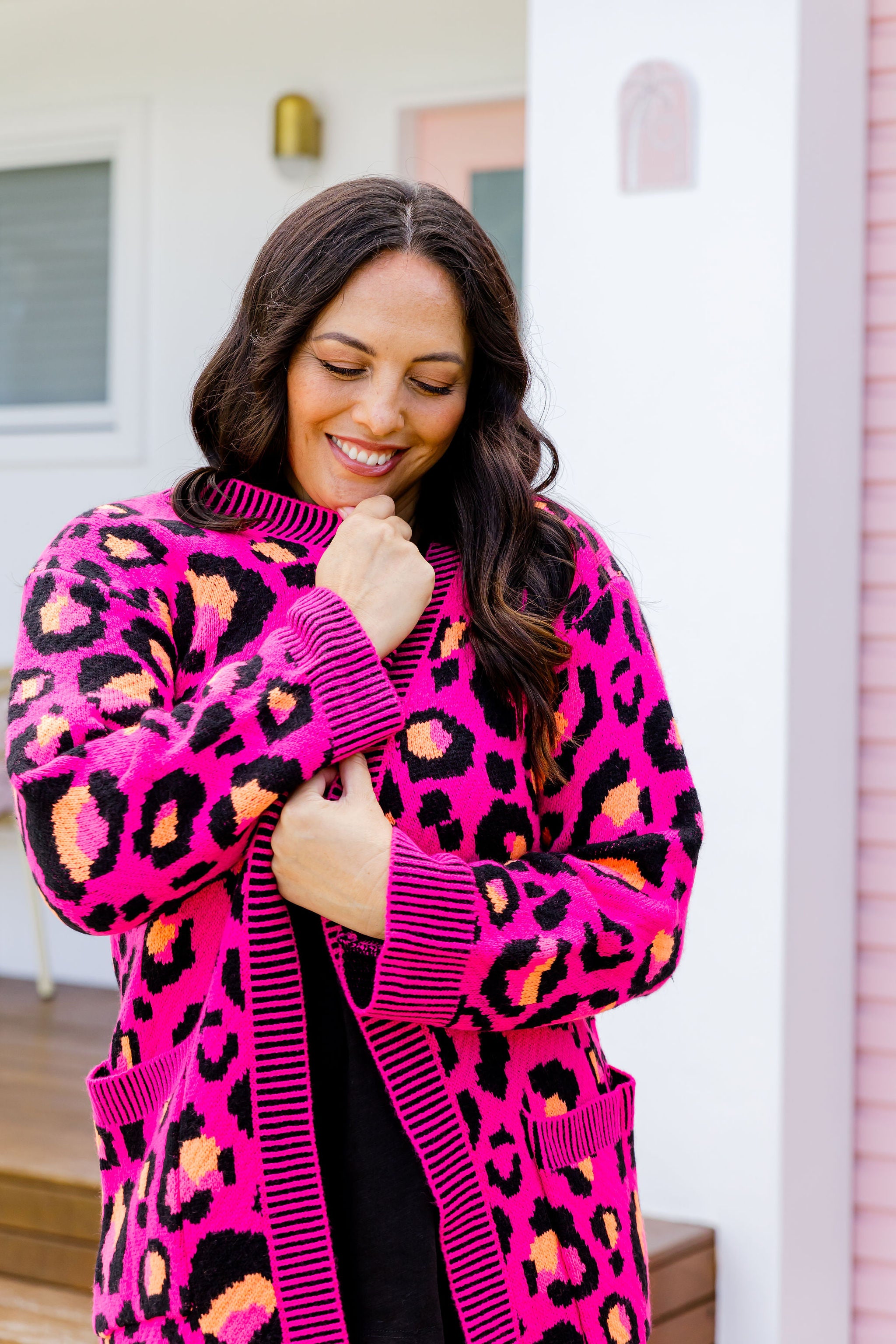 Kasey Rainbow Darcy Cardi - Soft Pink Leopard Print Knit Cardigan for Women | Perfect for Casual Outfits, Office Wear & Cozy Layering