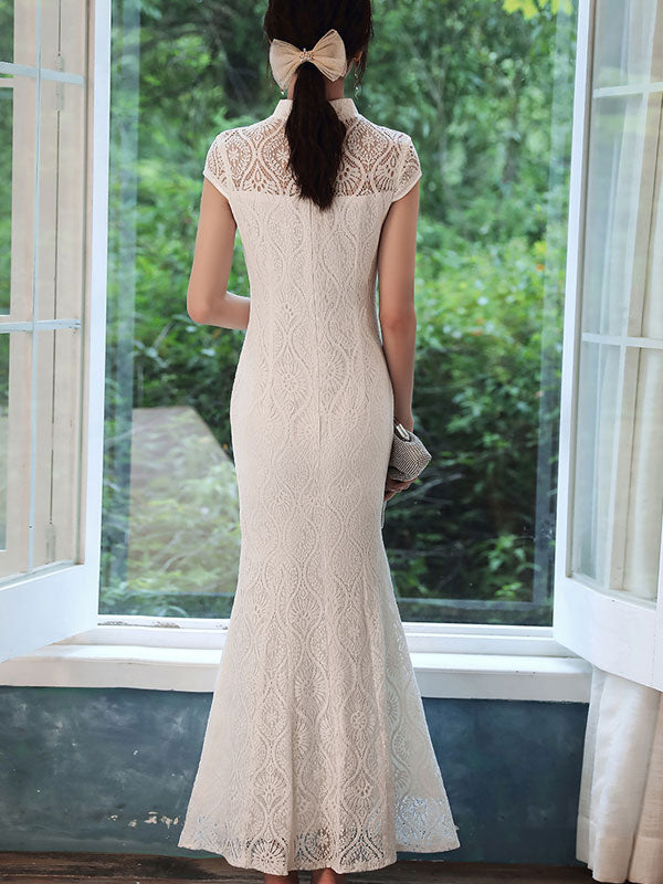 Elegant White Lace Fishtail Cheongsam Wedding Dress - Traditional Chinese Qipao Bridal Gown for Wedding Ceremony, Photoshoot & Special Occasions