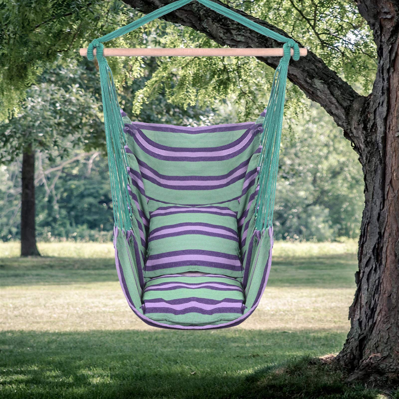 Hanging Rope Swing Chair - Comfortable Hammock Chair for Adults, Indoor/Outdoor Use with 2 Seat Cushions (Green) - Perfect for Bedroom, Porch, Garden, Patio & Yard Relaxation