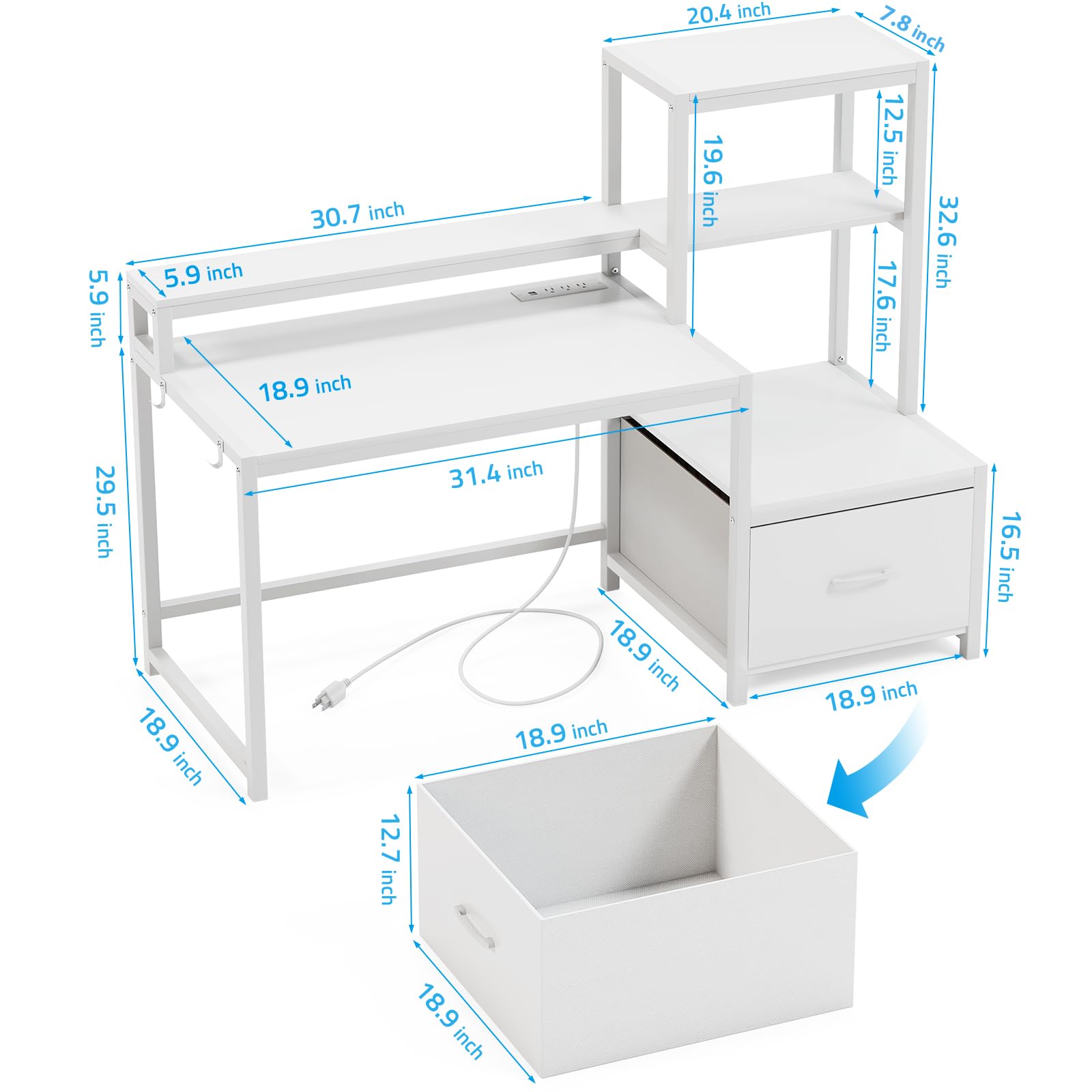 GreenForest 51-inch Computer Desk with Drawers, Monitor Stand & Storage Shelves - Home Office Desk with Power Outlets & LED Lights - Perfect for Gaming, Study, Writing & Remote Work - White