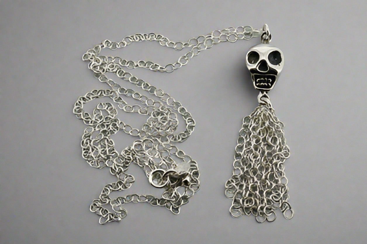 Double Sided Skull & Tassel Necklace - Sterling Silver Gothic Jewelry for Women - Perfect for Halloween, Punk Fashion & Gothic Style Outfits