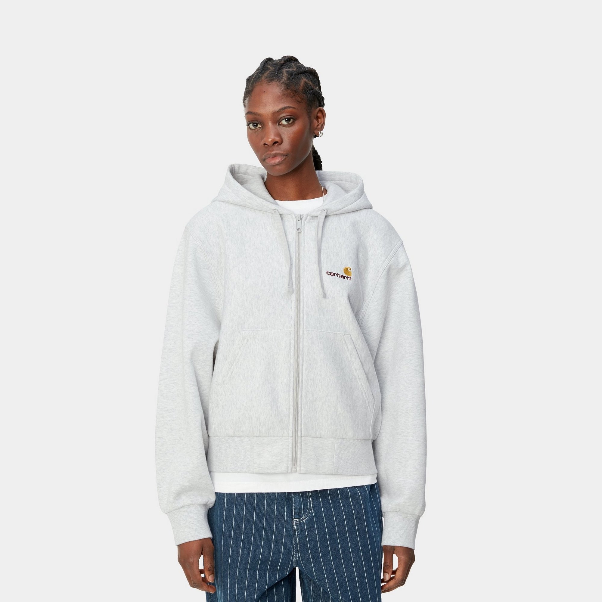 Women's Hooded American Script Jacket - Soft Fleece Pullover with Front Pockets | Ash Heather | Perfect for Casual Outfits, Outdoor Adventures & College Campuses