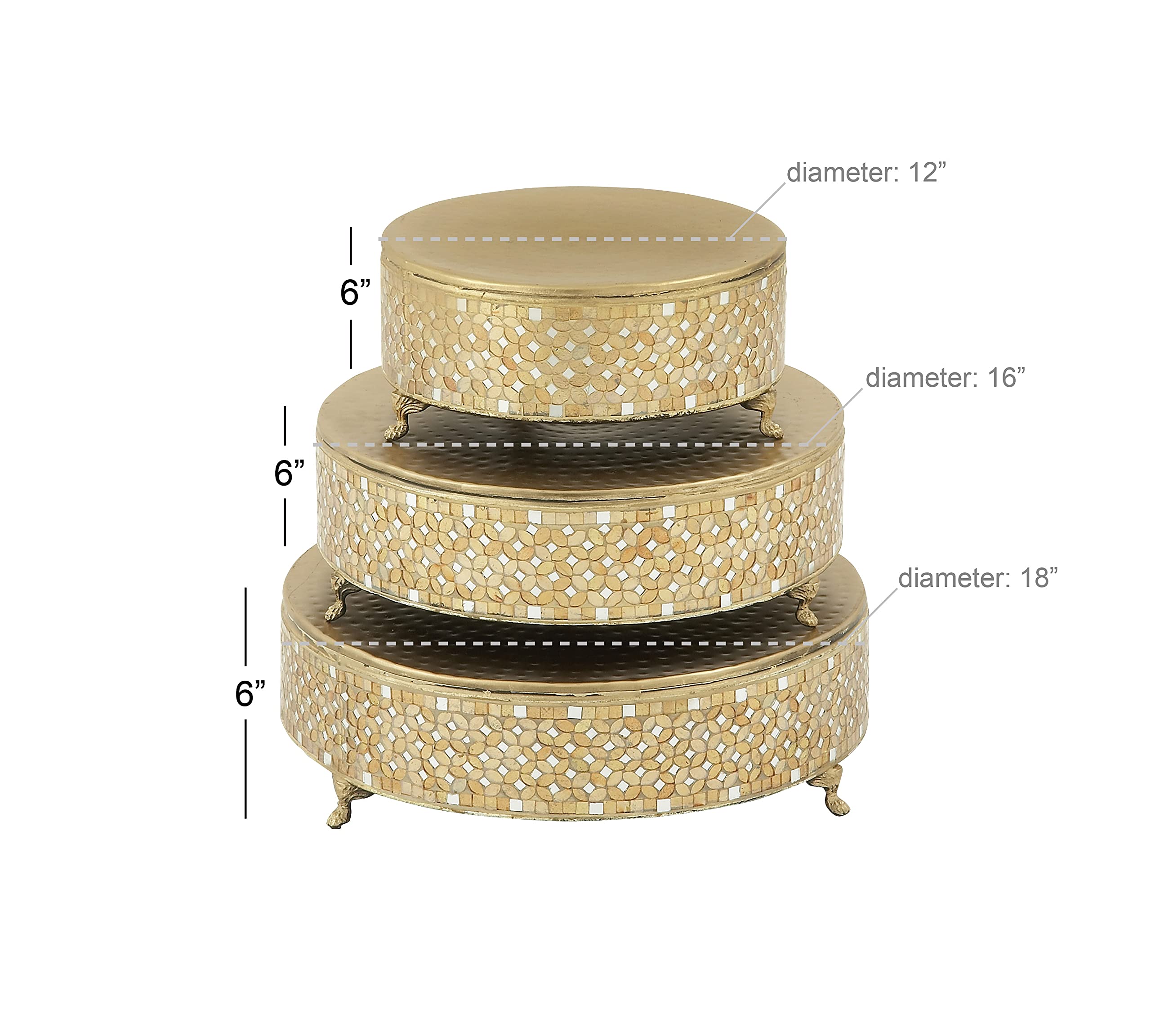 Deco 79 3-Tier Gold Metal Cake Stand Set with Mirrored Mosaic Patterns & Scrolled Feet - 19