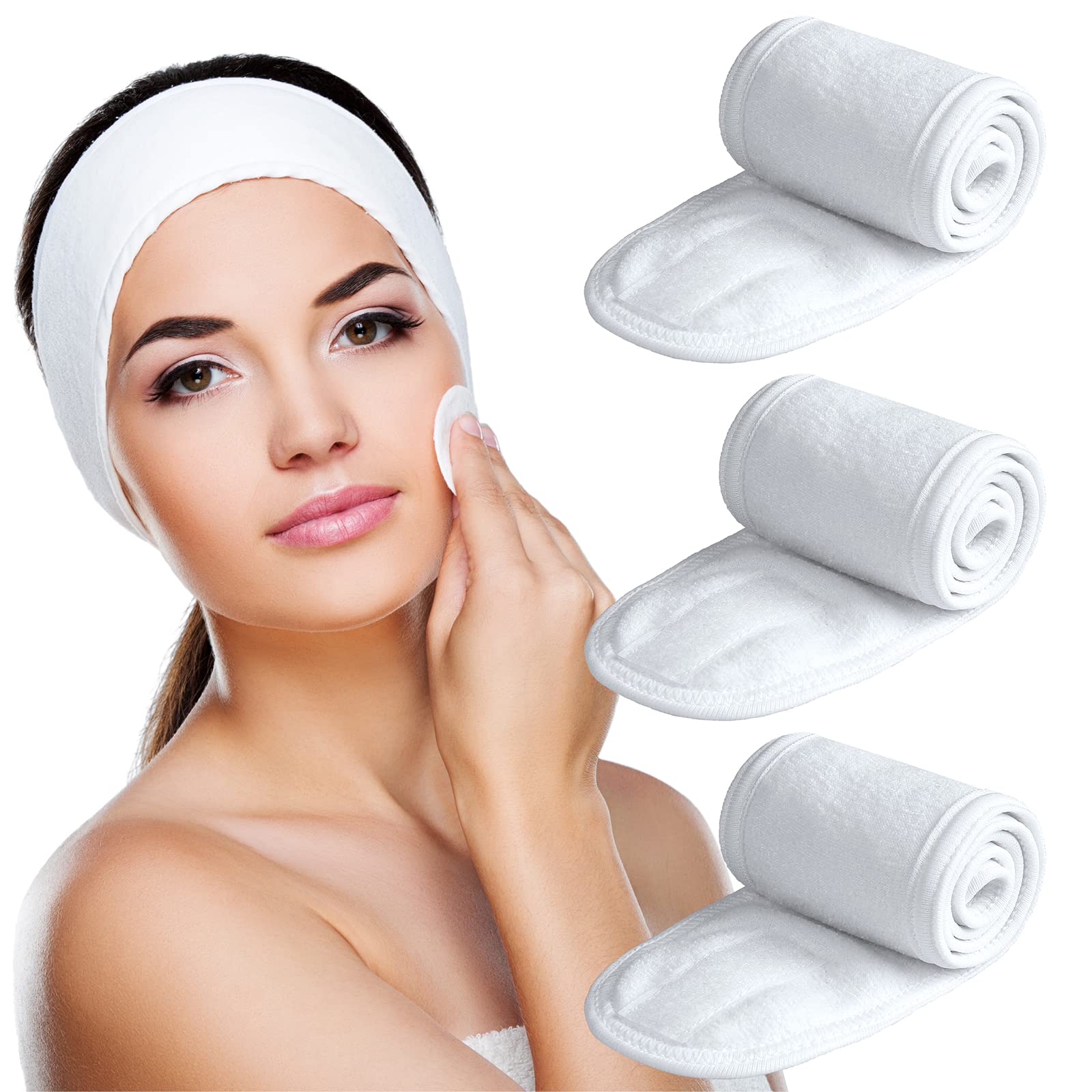 Denfany 3 Pack Ultra Soft Adjustable Spa Headbands - Terry Cloth Makeup Head Wrap for Women & Men - Perfect for Face Washing, Shower, Facial Mask, Yoga & Skincare Routine (White 3-Pack)