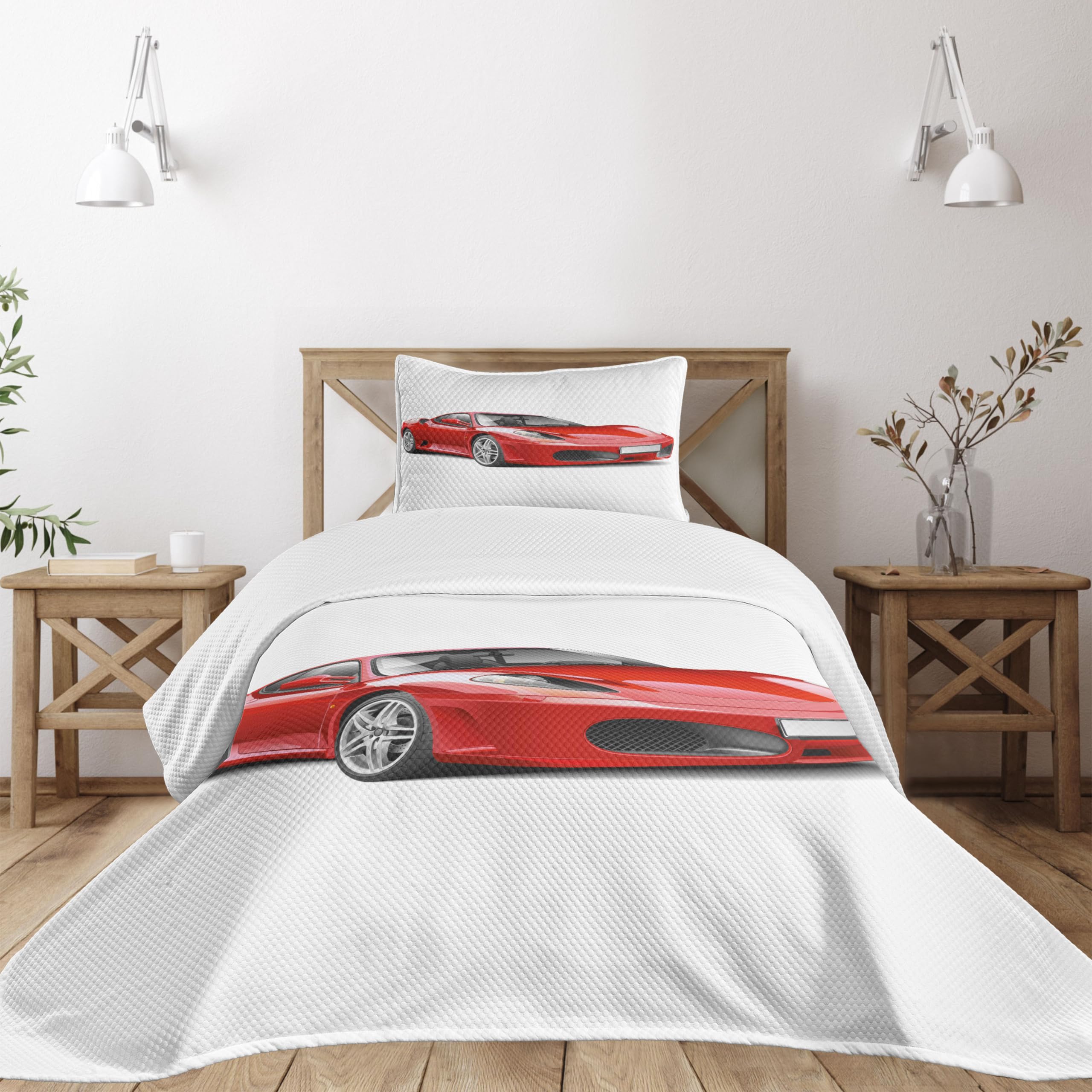 Ambesonne Modern Twin Size Bedspread Set - Italian Style Sports Car Illustration on Plain Backdrop, 3-Piece Decorative Bedding Coverlet with 2 Pillow Shams, Charcoal Grey & Red | Perfect for Car Enthusiasts' Bedrooms, Teen Boys' Room Decor, and Automotive-Themed Home Styling