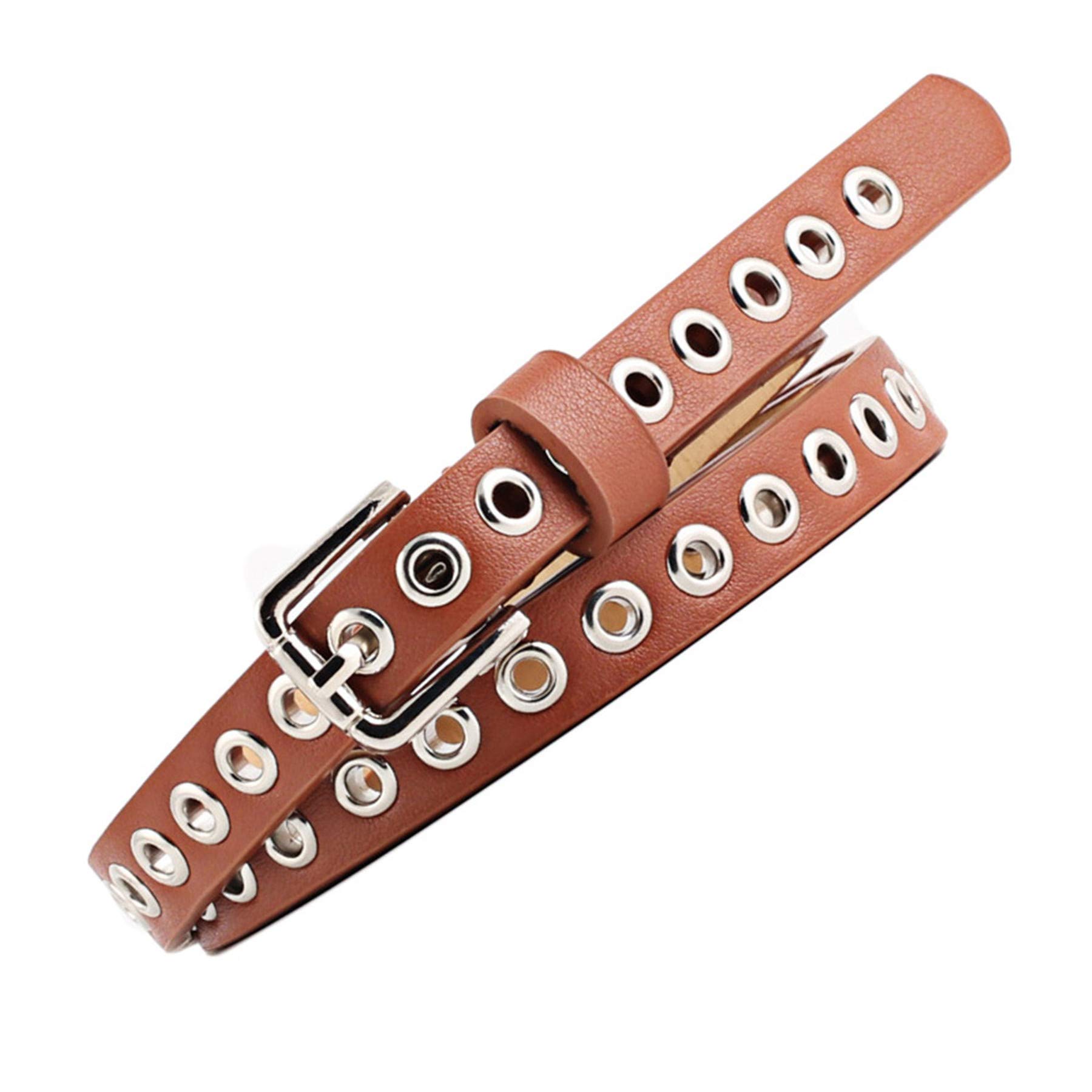 Andongnywell Women's Punk Rock Studded Skinny Leather Belt - Black Long Waist Band for Jeans & Pants | Gothic Fashion Accessory for Concerts & Night Out