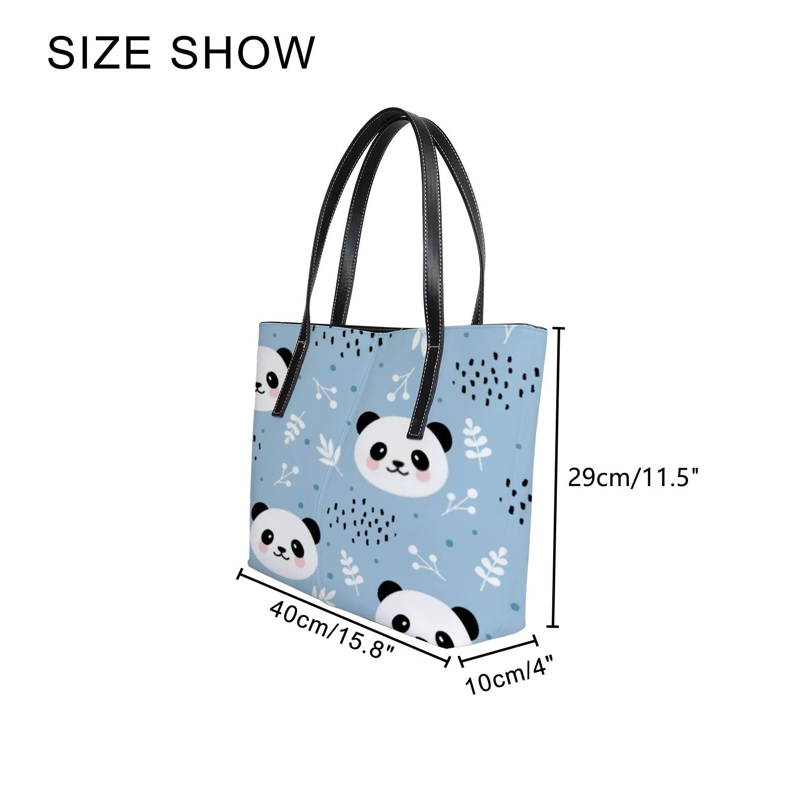 Cute Cartoon Panda & Dots Leather Tote Bag for Women - Blue Black & White Crossbody Handbag with Zipper | Stylish Work Bag, Travel Purse & Everyday Carryall