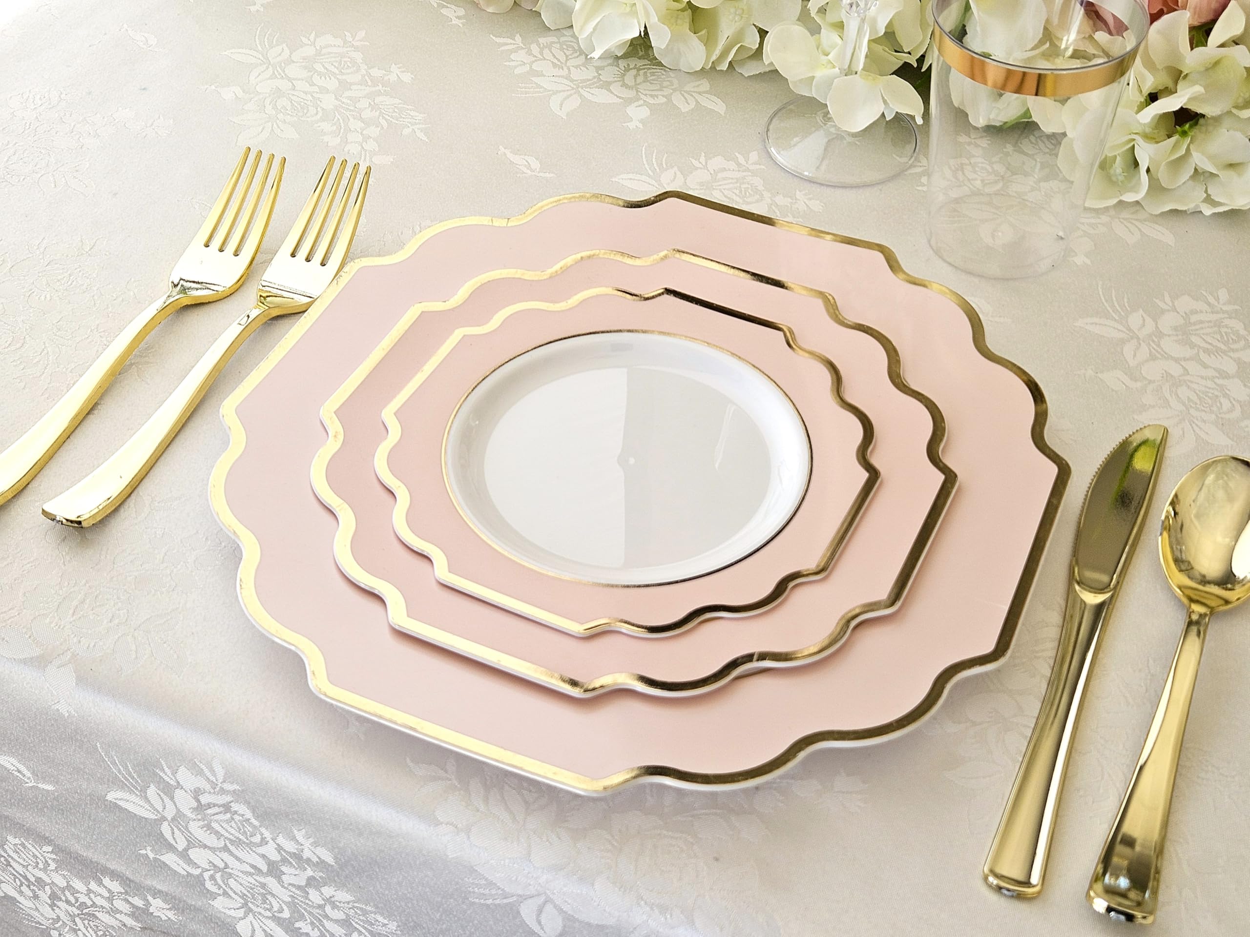 240-Piece Heavyweight Disposable Plastic Plates Set for Weddings & Parties - 120 x 10.5'' Dinner Plates + 120 x 8'' Salad/Dessert Plates in Blush Gold (Elegant Tableware for Bridal Showers, Baby Showers & Special Events)