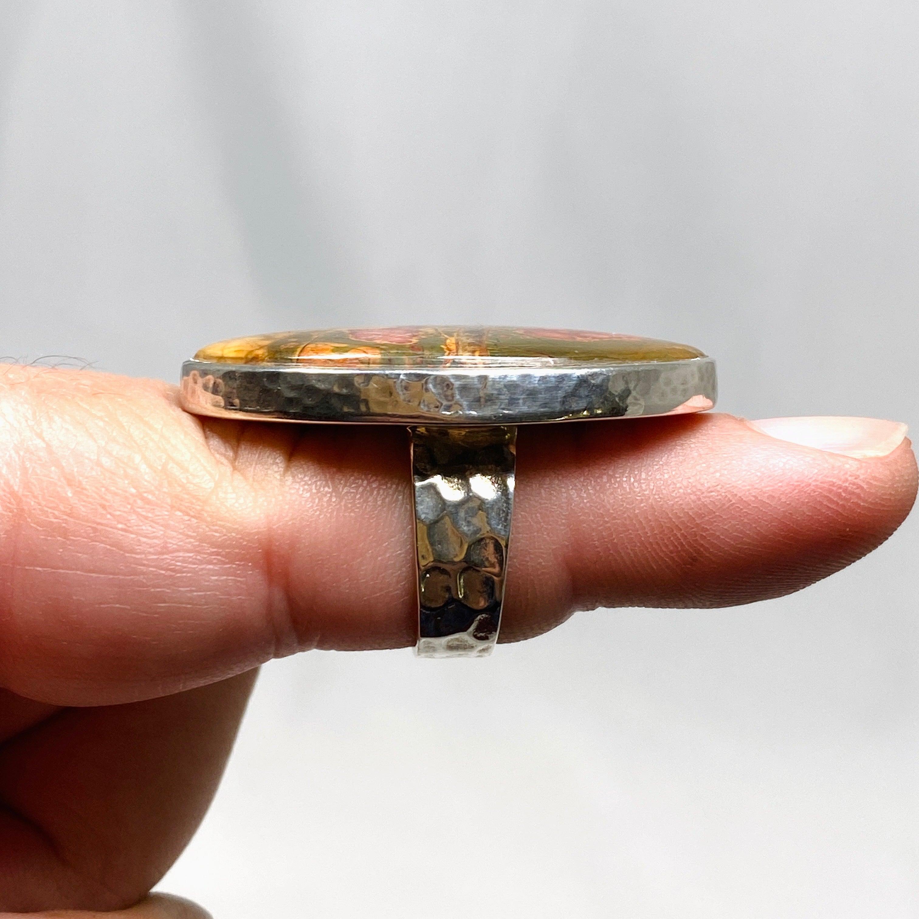 Cherry Creek Jasper Hammered Oval Ring - Size 7, KRGJ1601 - Handmade Boho Jewelry for Women, Perfect for Everyday Wear & Special Occasions