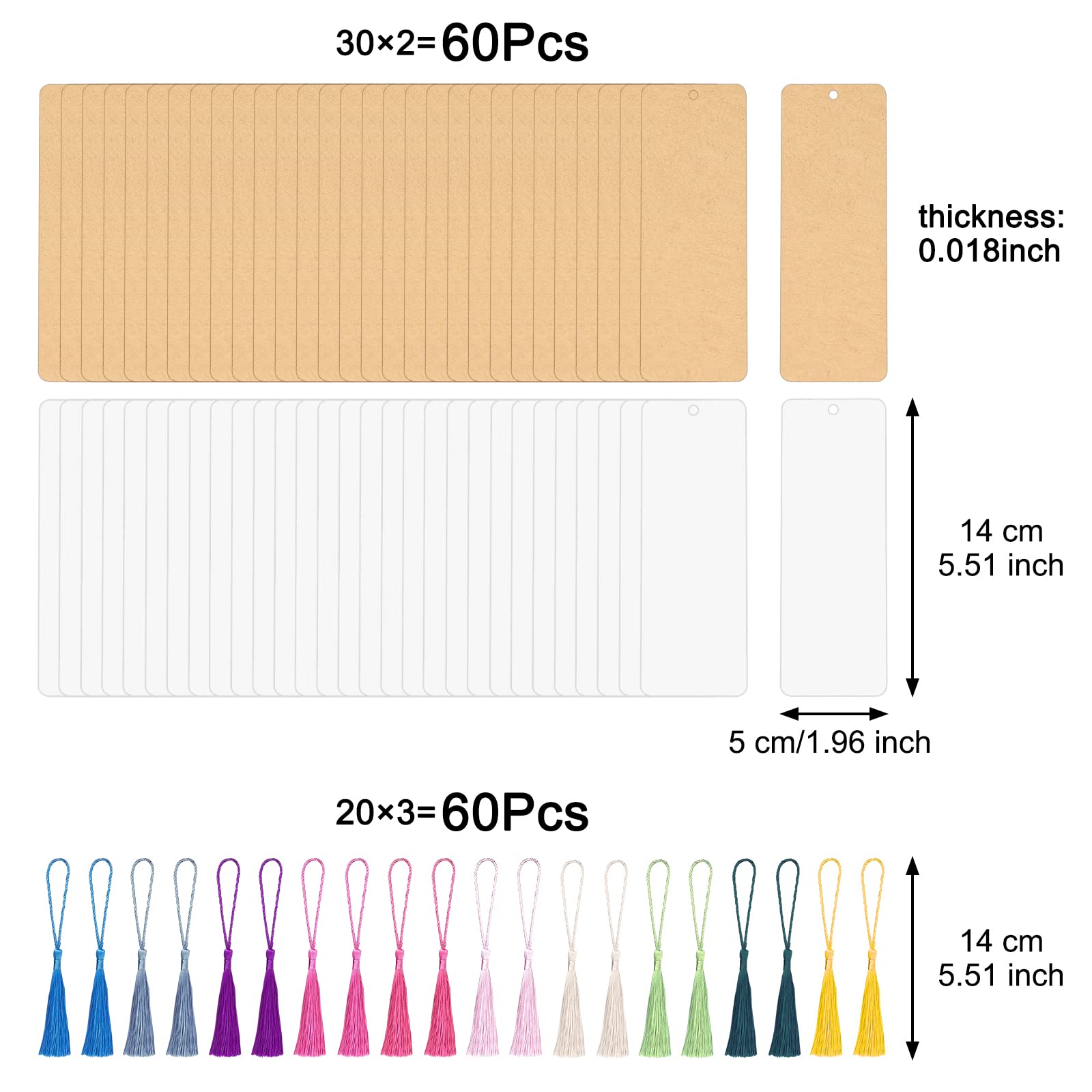Premium WANDIC Blank Bookmarks Set - 60 White & Brown Cardstock Bookmarks with Holes + 60 Colorful Tassels for DIY Crafting, Scrapbooking, Journaling & Gift Making - Perfect for Book Lovers, Teachers & Students