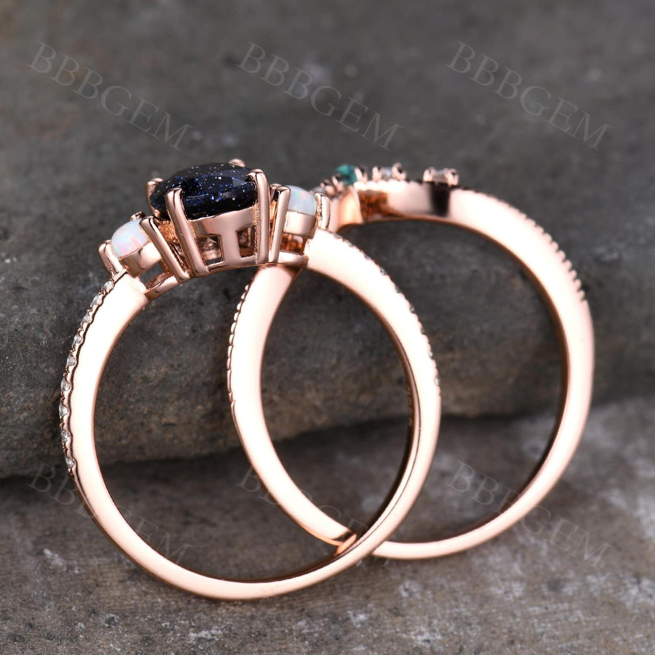 5x7mm Oval Cut Pink Gold Blue Sandstone Half Eternity Diamond Wedding Band Set - Curved Matching Bridal Rings for Engagement, Anniversary & Special Occasions