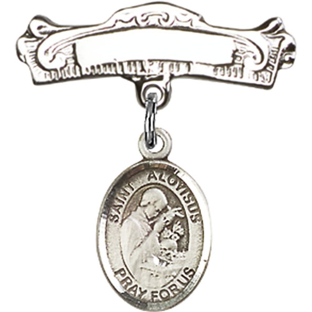 Sterling Silver Baby Badge with St. Aloysius Gonzaga Charm - 7/8 X 7/8 Inch Arched Polished Pin - Perfect for Christening, Baptism & First Communion Gifts