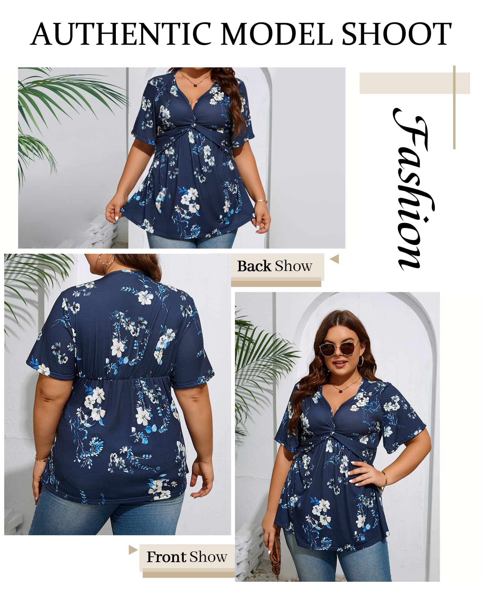 Plus Size Women's Twist Knot Short Sleeve Tunic Top - V Neck Low Cut Blouse (1X-5X) for Casual Wear, Office & Summer Outfits