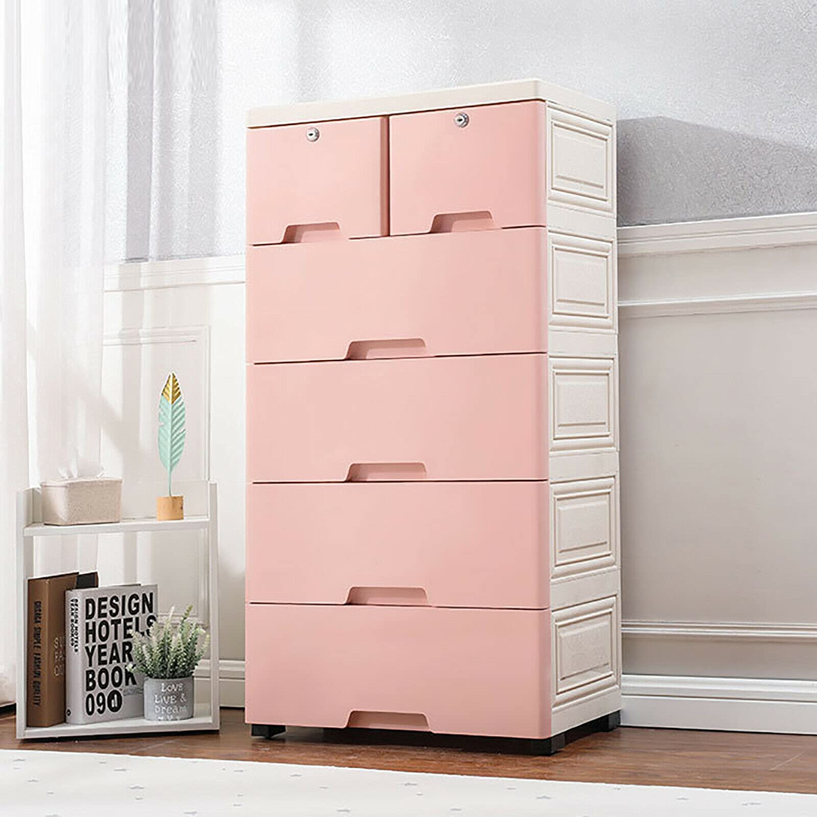 6-Drawer Plastic Storage Cabinet - Modern Bedroom Dresser with Wheels, Closet Organizer for Clothes & Toys, Playroom Furniture - Pink (Free Standing, Space-Saving Design for Bedrooms, Kids Rooms & Dorm Organization)