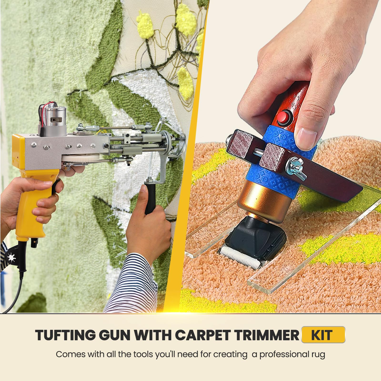 Riiai Tufting Gun Starter Kit - Complete Rug Making Set with Carpet Trimmer, Cut Pile & Loop Pile Tools for DIY Rugs and Home Decor | Perfect for Beginners and Craft Lovers (Yellow) | Great for Home Projects, Custom Rugs, and Creative Gifts