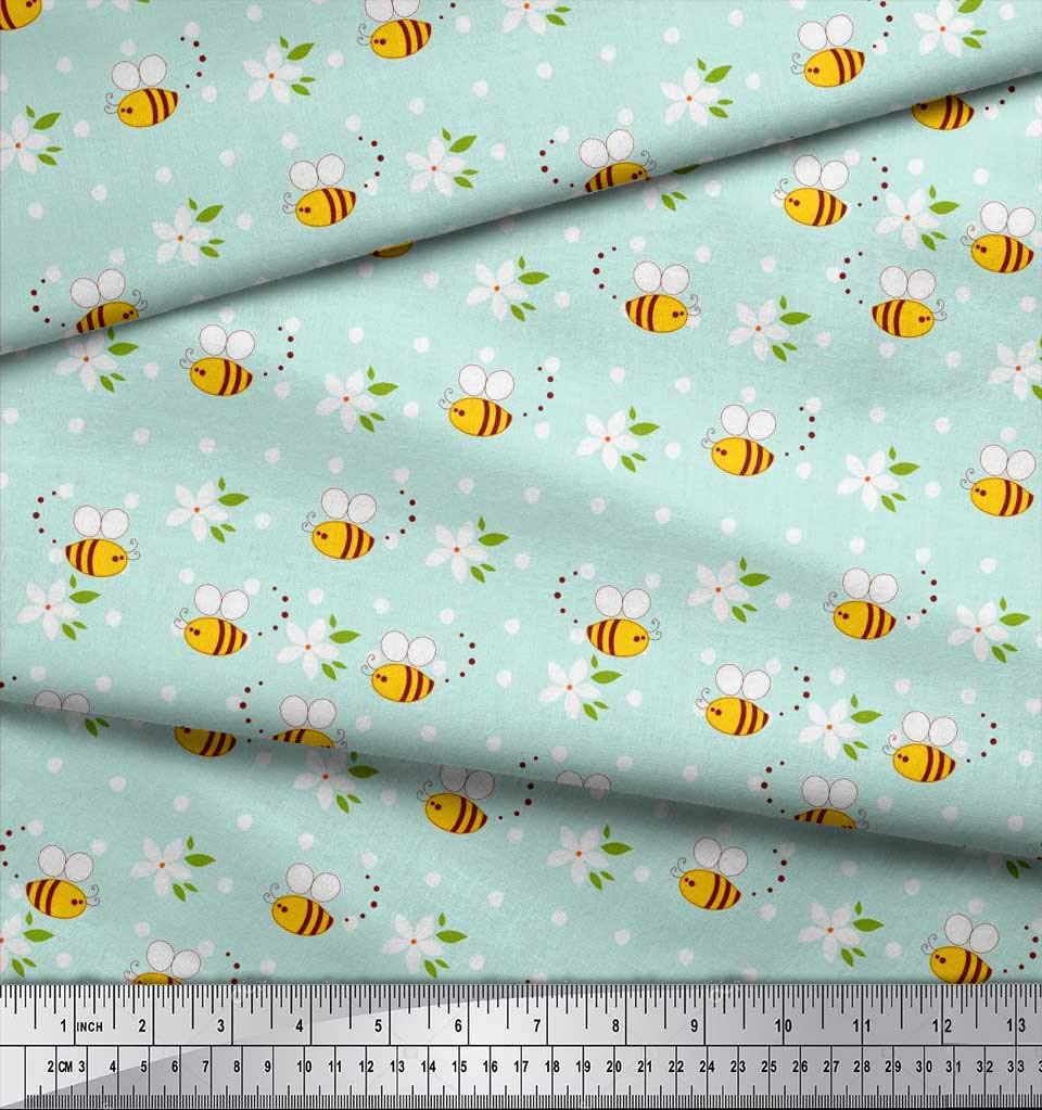 Soimoi Green Georgette Fabric - Leaves Floral Honey Bee Print for Dresses & Scarves