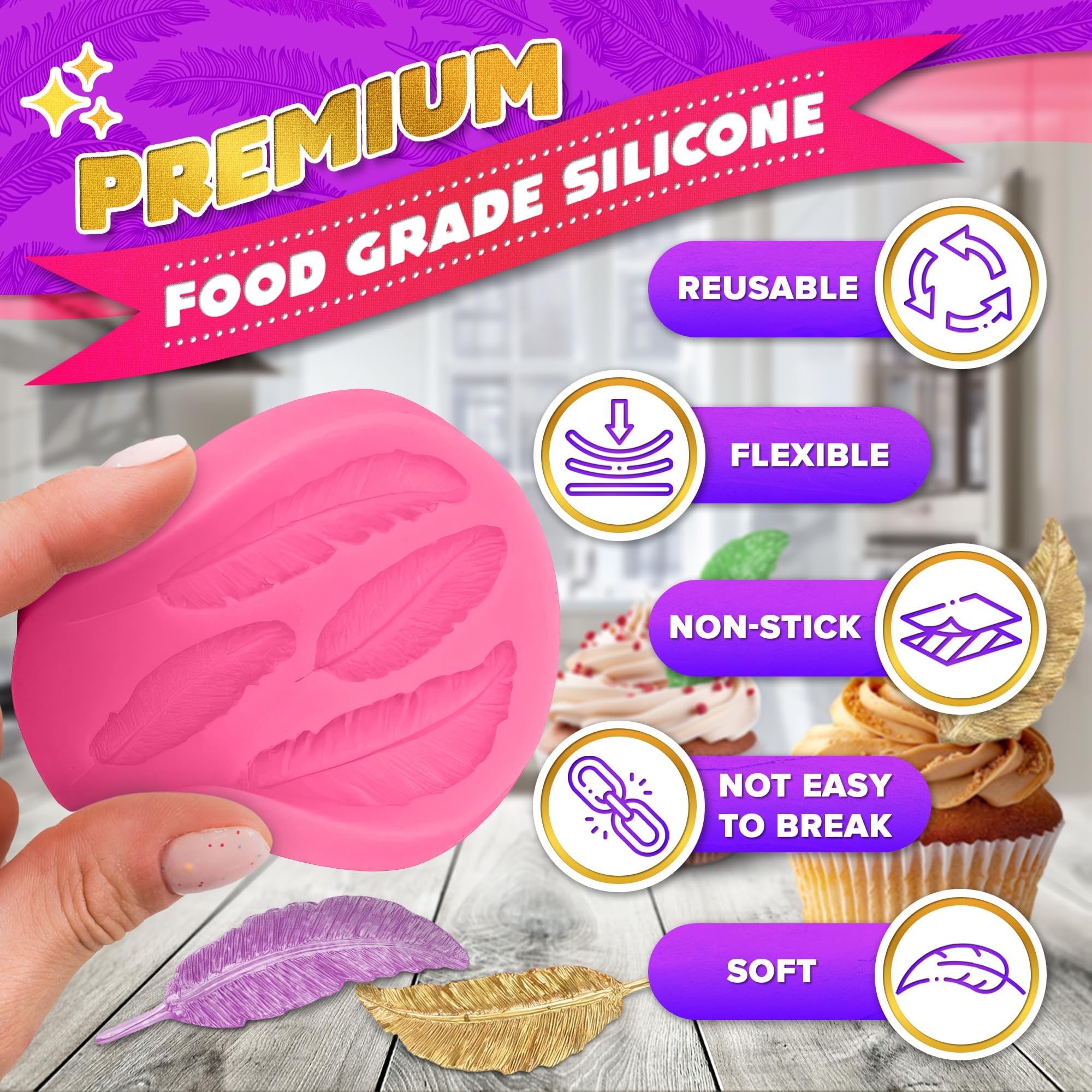 Pink Silicone Feather Candy Molds for Soap Making, Clay Crafts, Fondant, Chocolate & Cake Decorating - Perfect for DIY Projects, Party Favors & Home Baking