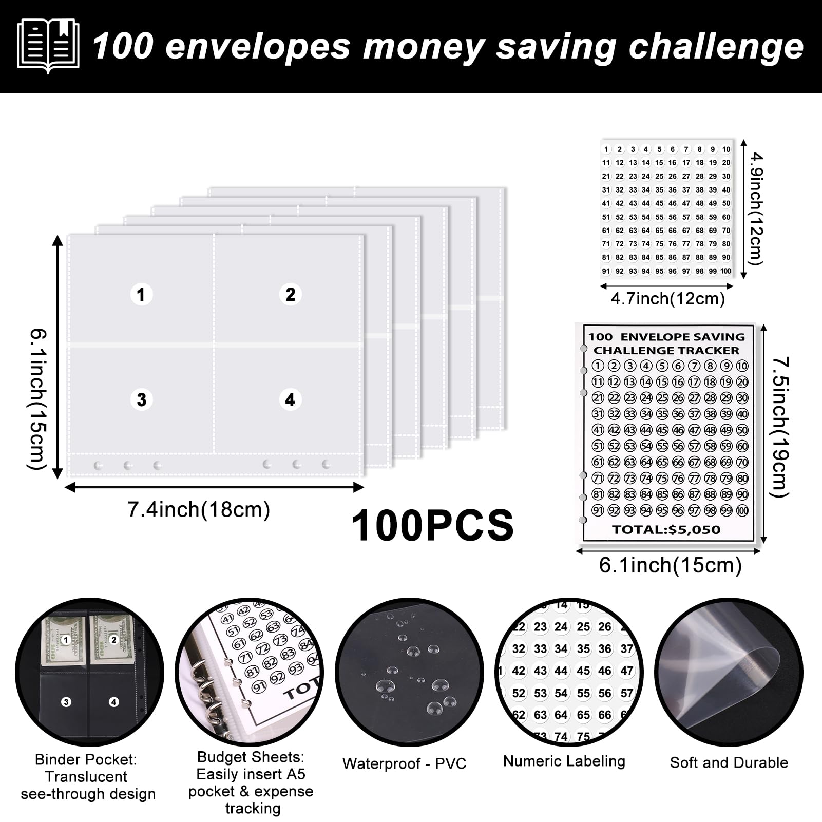 100 Envelopes Money Saving Challenge Kit - Cash Budgeting Binder with Storage Pouches for Emergency Savings & Family Budget Planning | Black Budget Book for Financial Goals & Money Management