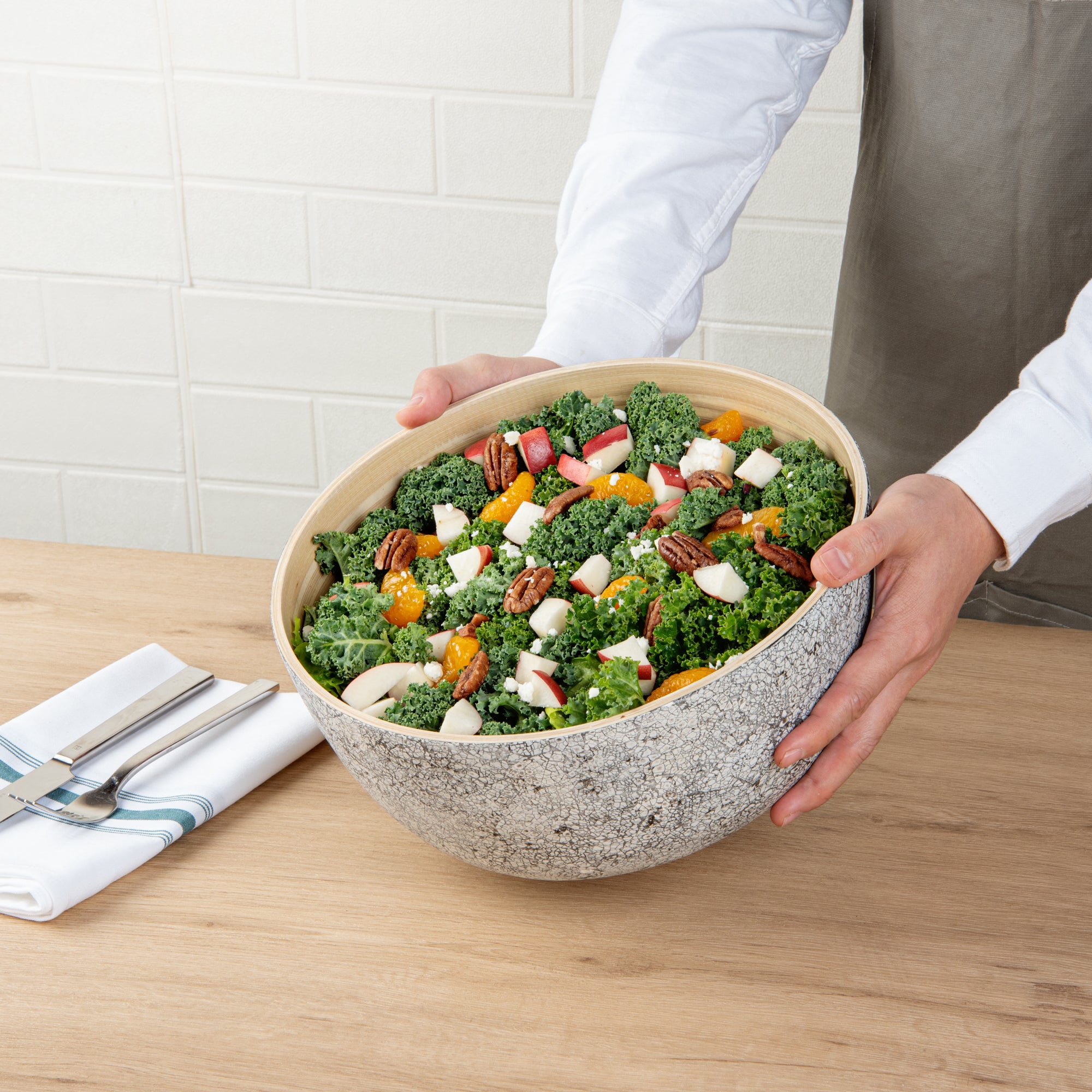 Premium 30oz Round Gray Bamboo Salad Bowl - Eco-Friendly Spun Bamboo Large Serving Bowl (11