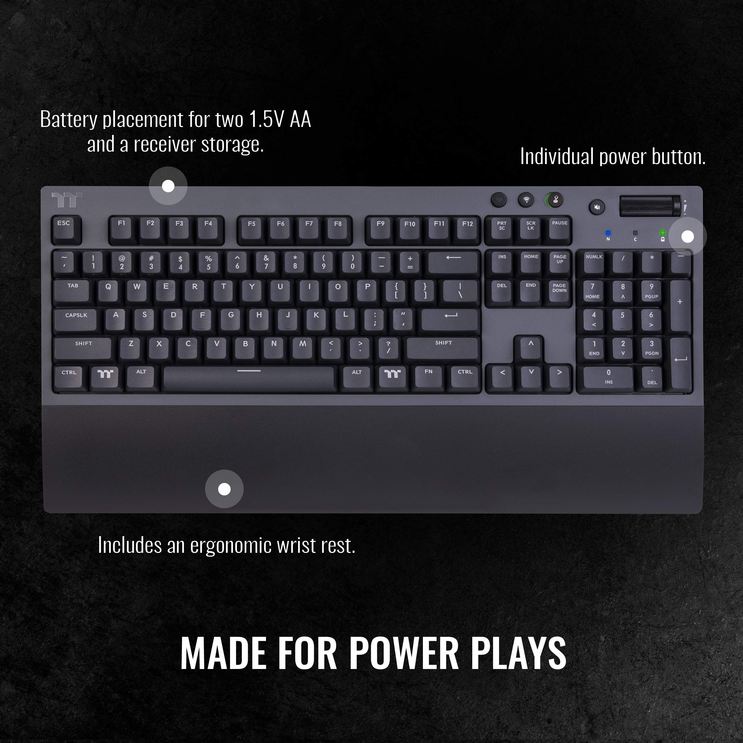 Thermaltake W1 Wireless Mechanical Gaming Keyboard - Cherry MX Blue Switches, 2.4GHz & Bluetooth 4.2 Dual Mode, Low Energy Tech, USB Type-C (Titanium Gray) - Perfect for PC Gaming, Office Work & Streaming Setup
