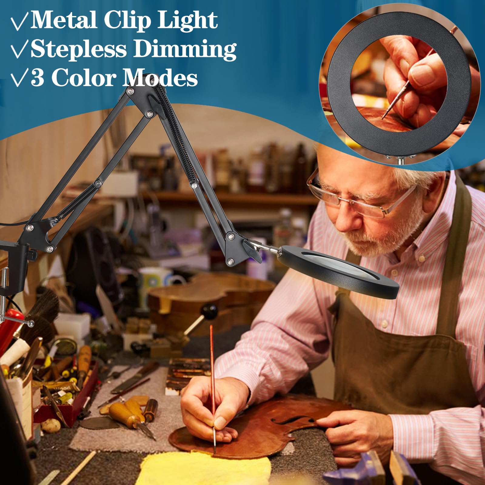 HITTI 10X Magnifying Glass with Light - 1800 Lumens Dimmable LED Desk Lamp, 3 Color Modes, 4.2