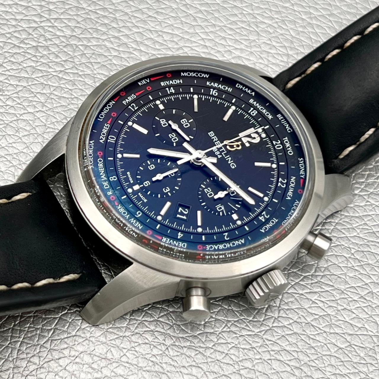 Breitling Transocean Chronograph Unitime Men's Luxury Watch - Stainless Steel Case, World Time Function - Perfect for Business Travel & Formal Occasions