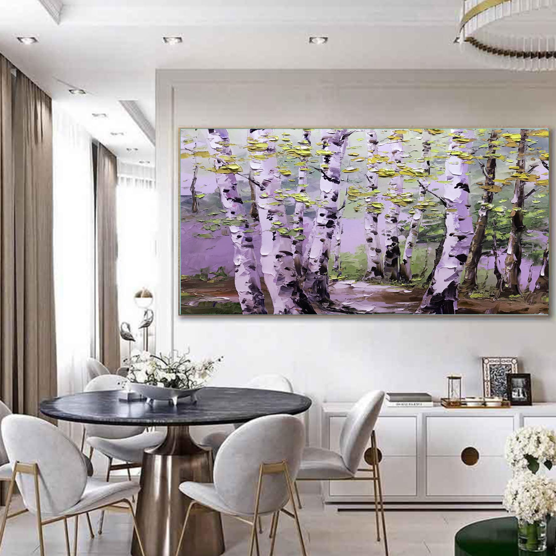 Original Hand-Painted Green Birch Forest Landscape Oil Painting on Canvas - Large Textured Tree Artwork (64x32 Inches Unframed) - Perfect for Boho Home Decor, Christmas Wall Art & Nature-Inspired Living Room Decor