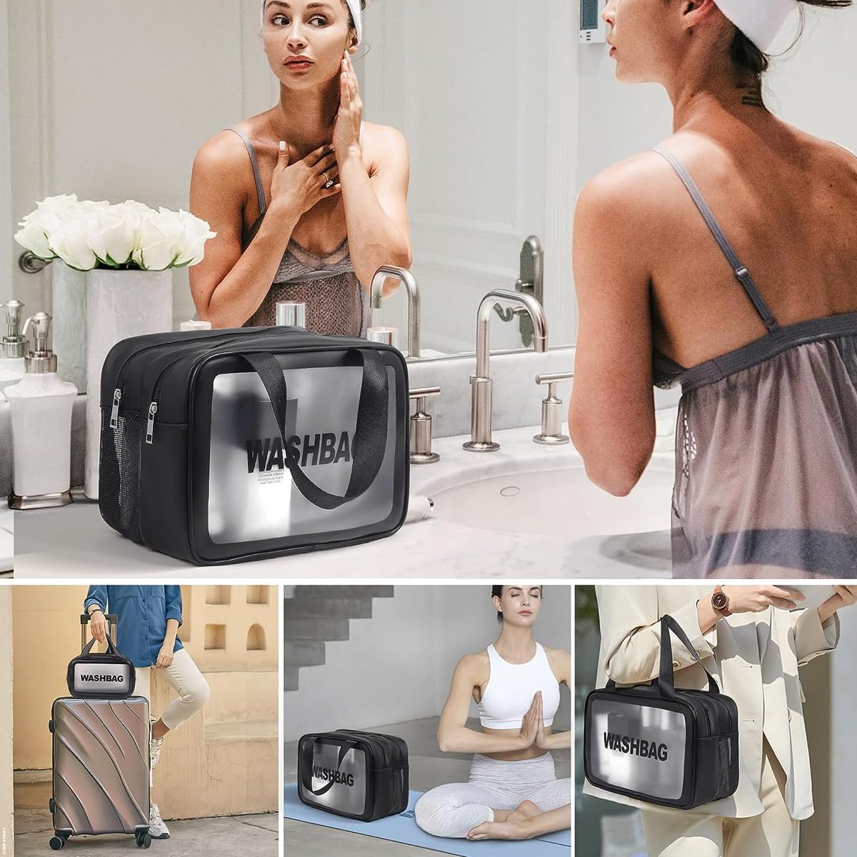 MAYCREATE® Large Clear Travel Toiletry Bag - 2-in-1 Waterproof Cosmetic Organizer with Zipper Handle | Translucent Makeup Pouch for Women & Men | Perfect for Airplane Carry-on, Gym, Beach & Vacation Essentials (Black)