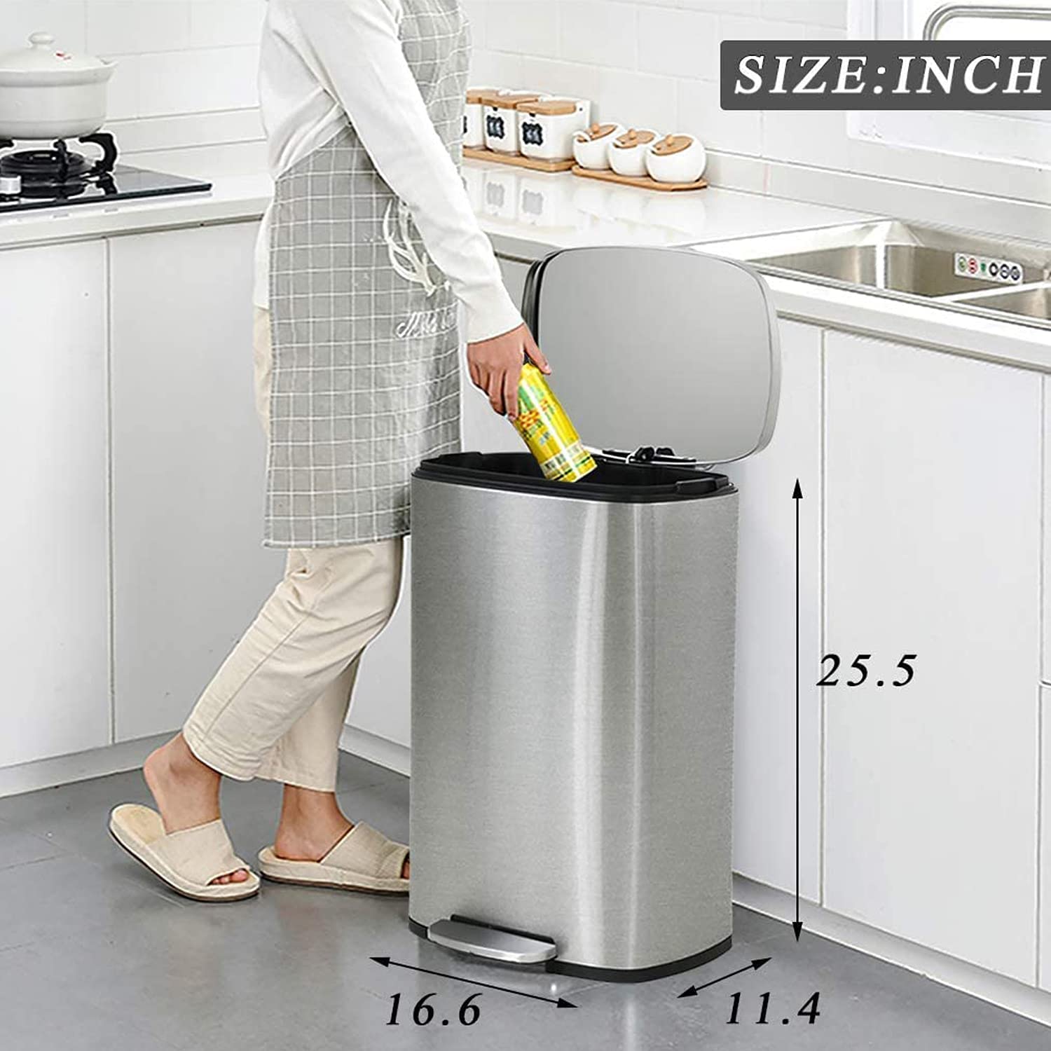 13 Gallon Brushed Stainless Steel Step Trash Can with Soft-Close Lid - 50L High Capacity Kitchen Garbage Bin for Home, Office, Bathroom & Bedroom - Odor Control & Hands-Free Disposal for Modern Living Spaces