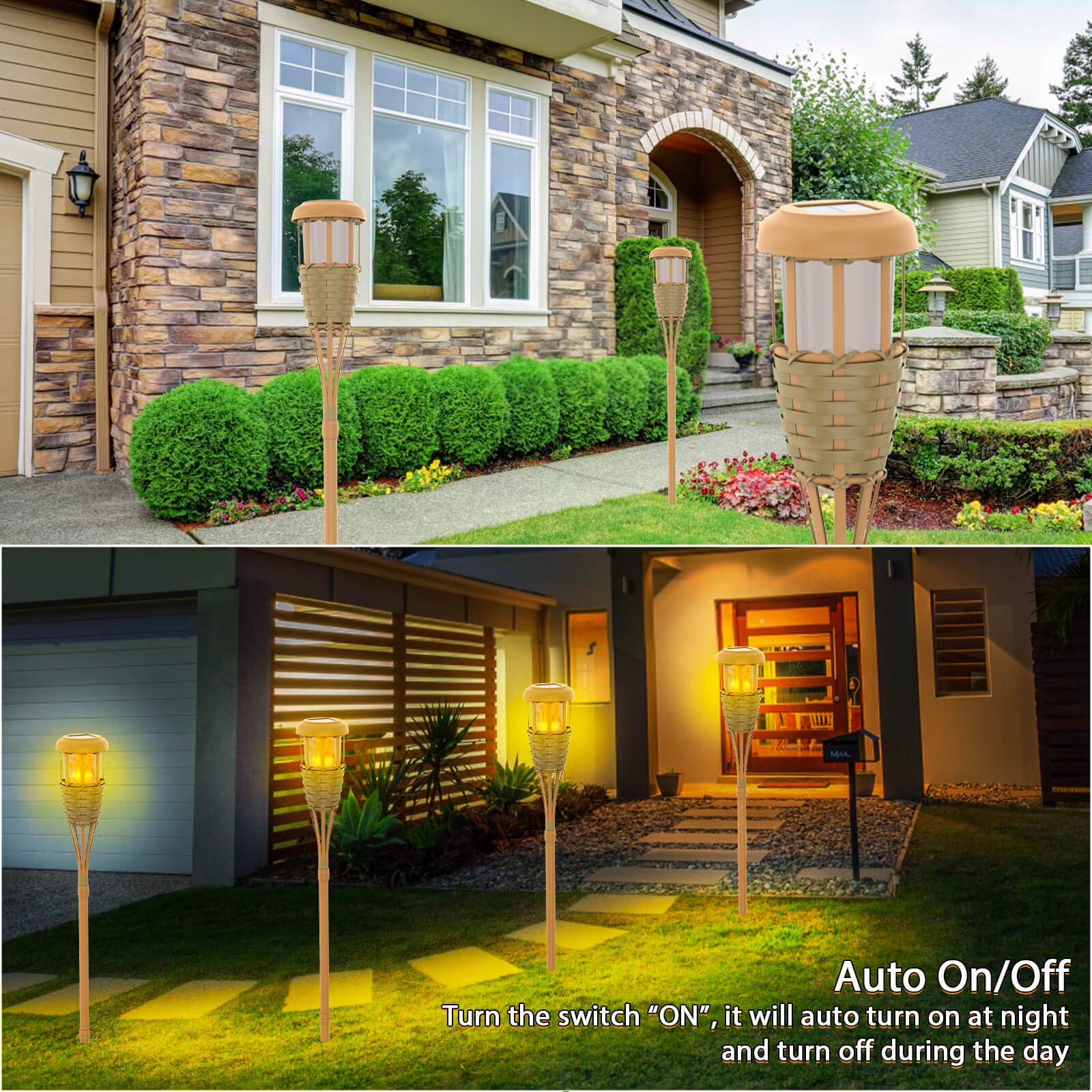 Upgraded Solar Torches Outdoor Lights - Waterproof Flickering Flame Solar Powered Decorative Lighting with Auto On/Off, Handmade Bamboo Finish (2-Pack) - Perfect for Garden, Patio, Pathway, and Backyard Decor