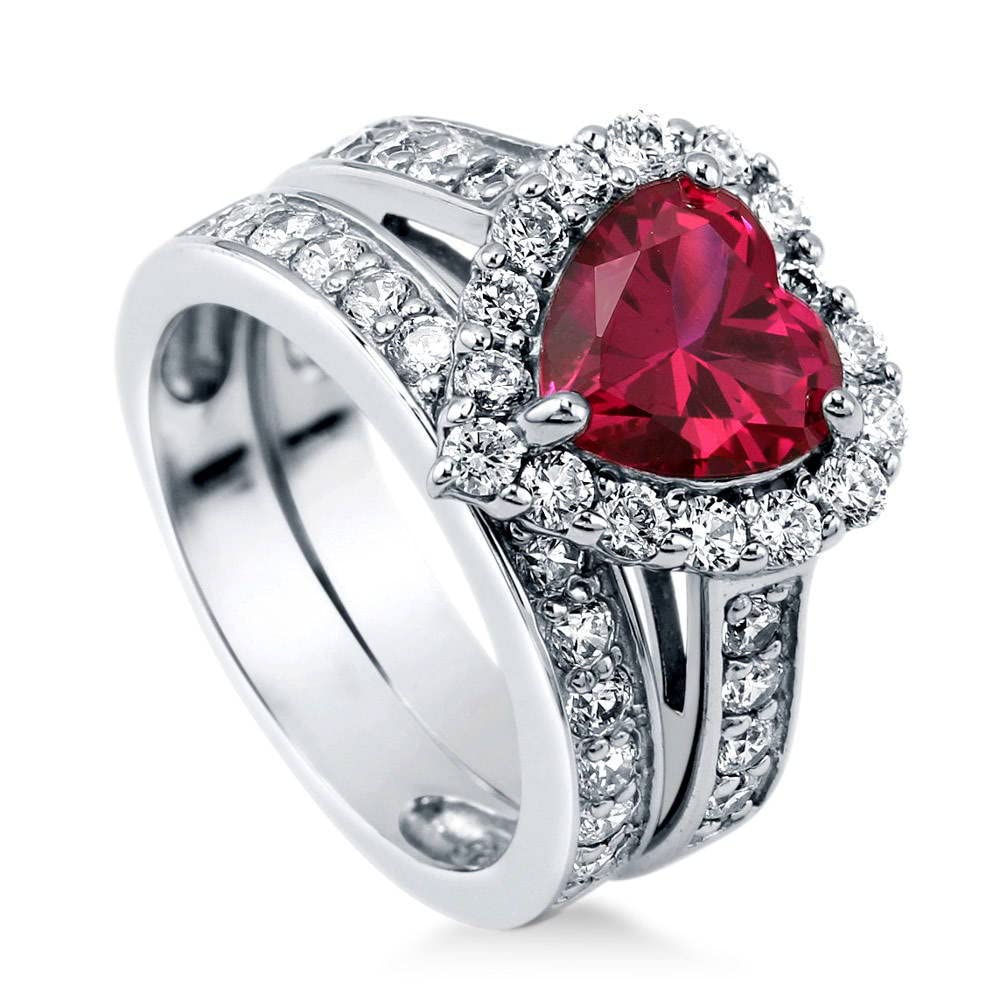 Sterling Silver Halo Engagement Ring with Heart-Shaped Simulated Ruby & Cubic Zirconia - Women's Wedding Jewelry Set (Size 4-10, Rhodium Plated) - Perfect for Proposals, Anniversaries & Romantic Gifts
