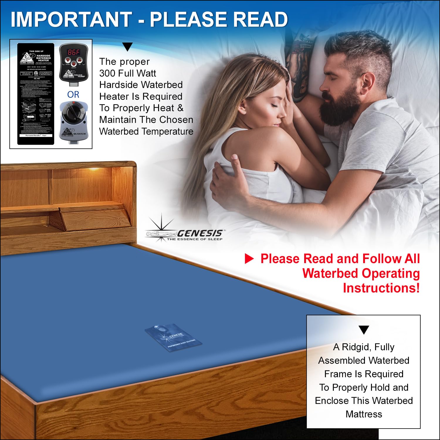 Gensis 500 Queen Size Wood Frame Waterbed Mattress Set with Liner & Fill Kit - Luxury Bedroom Upgrade for Better Sleep