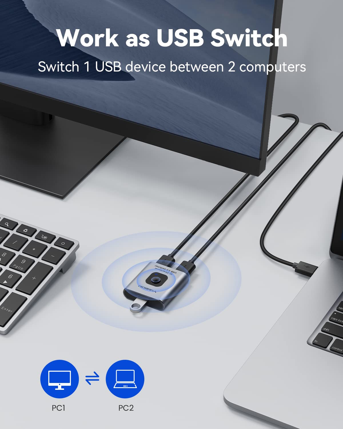 2-Port USB 3.0 KVM Switch - 1 in 2 Out or 2 in 1 Out for Sharing Mouse, Keyboard, Printer & Scanner Between 2 Computers | Perfect for Home Office & Multi-PC Workstations