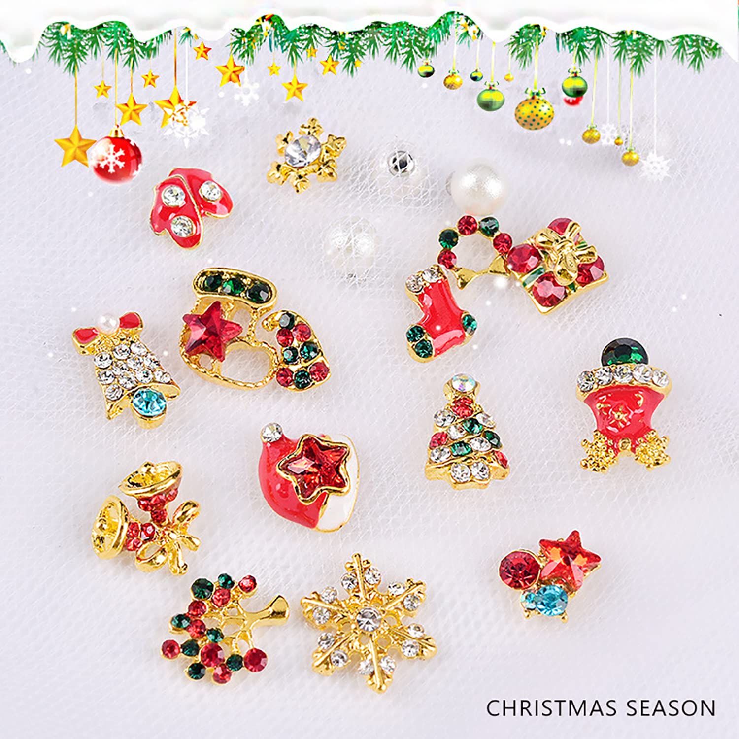 WOKOTO 24 Pcs Christmas Nail Charms - 3D Holiday Nail Art Decorations with Christmas Tree, Bells, Snowman & Rhinestones | Perfect for DIY Nail Art, Holiday Parties & Festive Manicures