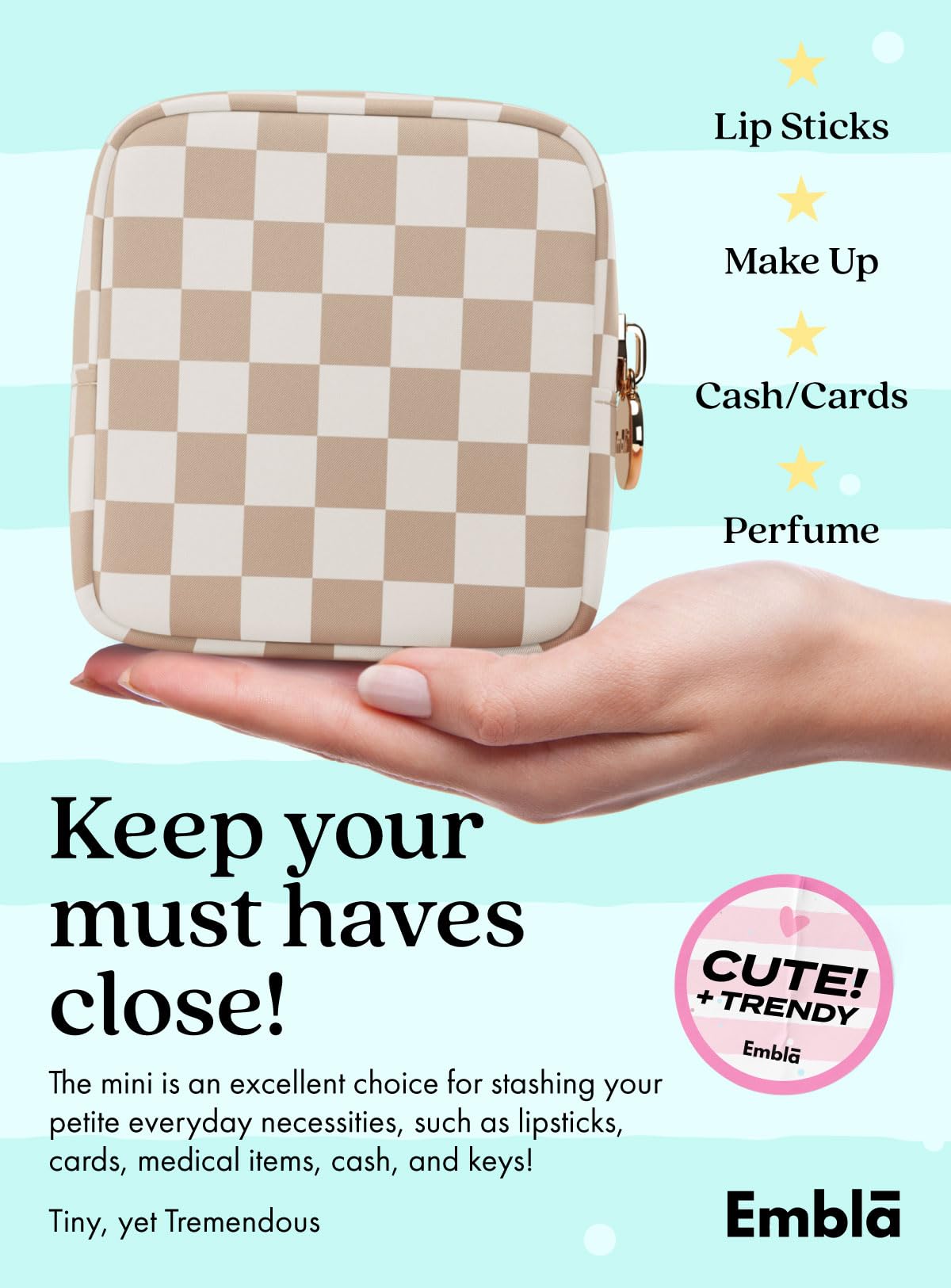 Embla Makeup Bag Travel Cosmetic Organizer - Waterproof Nylon Zipper Pouch for Women, Mini Toiletry Bag with Sand Checkered Pattern | Perfect for Travel, Gym, Daily Use & Cosmetic Storage