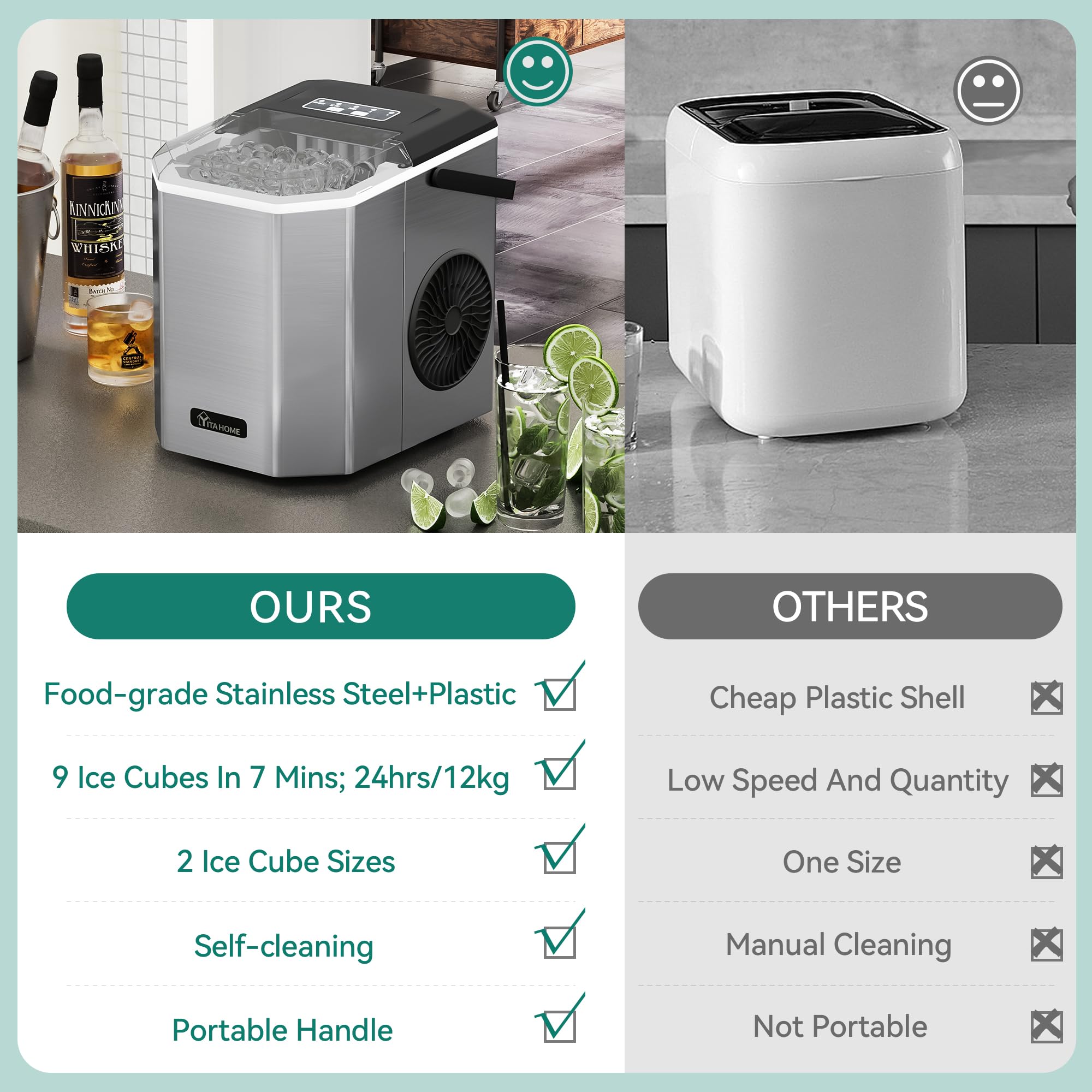 YITAHOME Portable Countertop Ice Maker Machine - 9 Ice Cubes in 6 Minutes, 26LBS/24H - Stainless Steel Self-Cleaning Compact Ice Maker with Handle, Scoop & Basket - Perfect for Home, Office, RV, Boat & Outdoor Parties